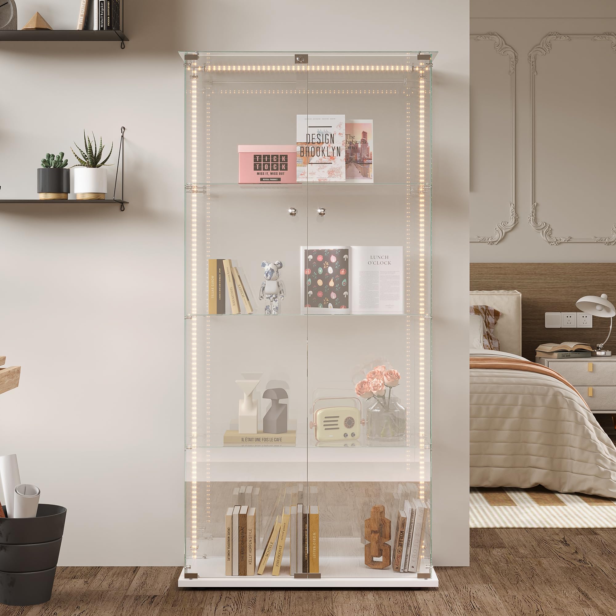 Vitrina de Cristal con LED y Cerradura, Armario Vitrina 78,5 x 35 x 163 cm, Vitrinas de Exposición de 4 Niveles con Estantes Regulables, Mueble Vitrina para Salón, Oficina, Figuras y Libros,Blanco-D