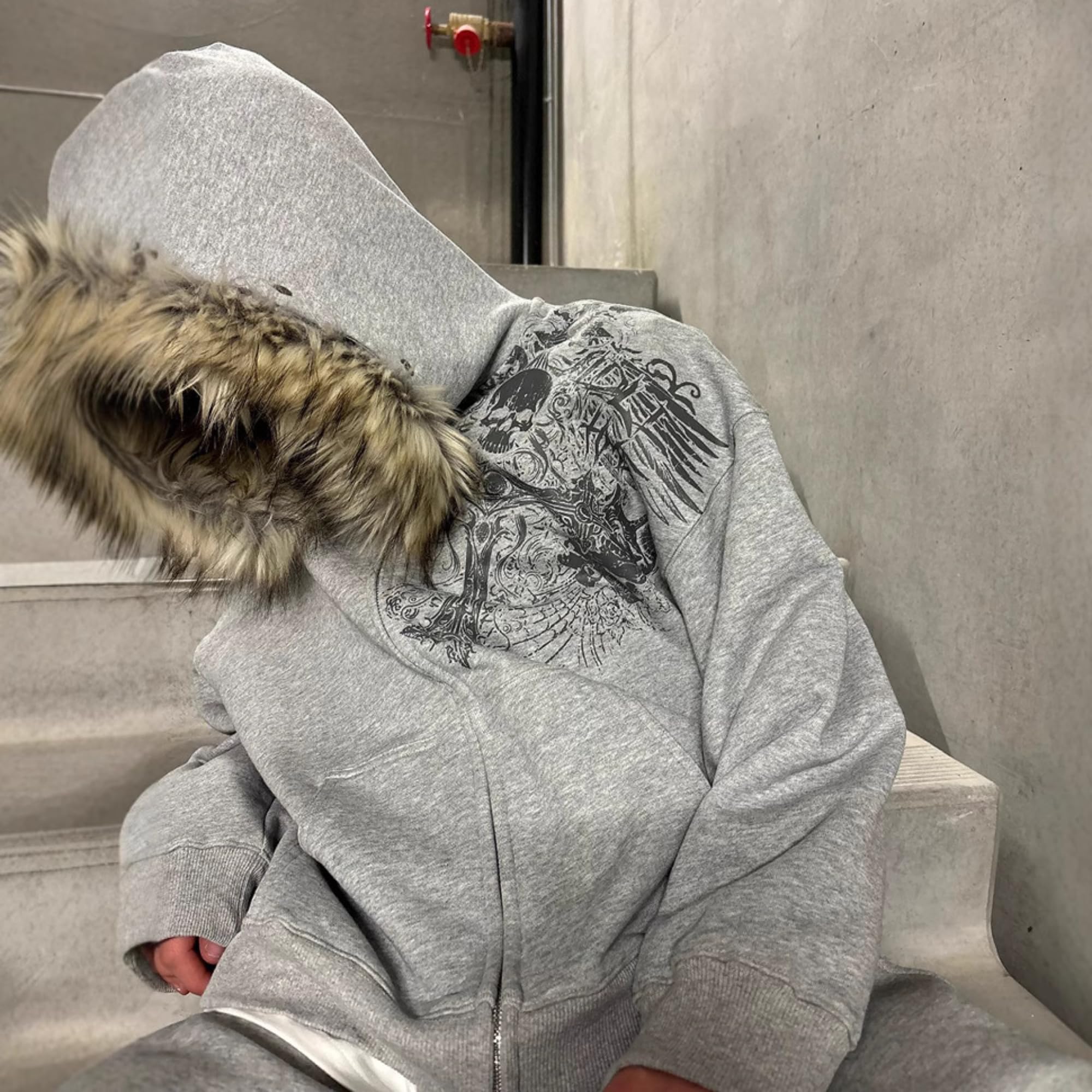 RICHTRUE Therian Pelz-Kapuzenjacke Y2k Goth Reißverschluss Hoodie Oversized Graphic Sweatshirt Emo Grunge Streetwear Herbst Winter 2025