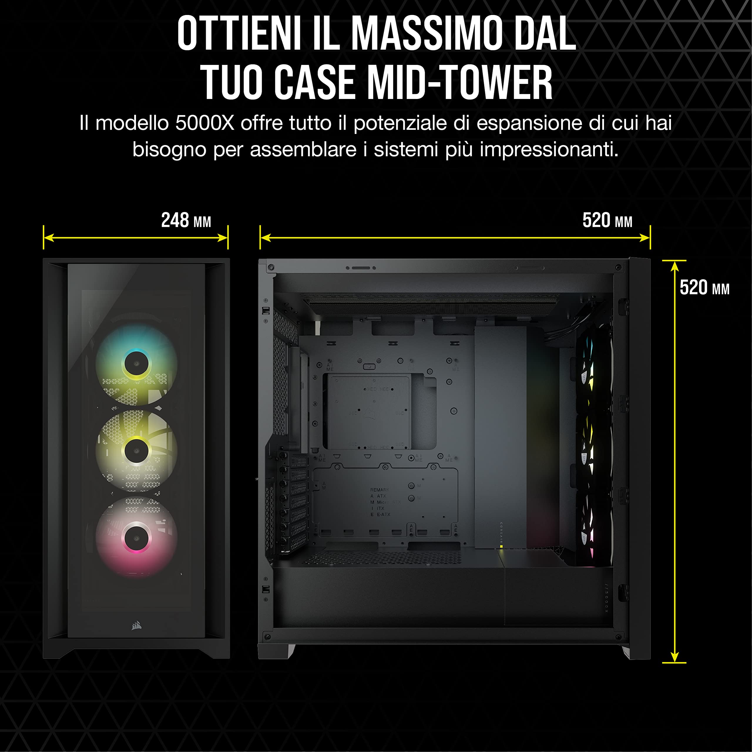 Corsair iCUE 5000X RGB Case ATX Mid-Tower, Quattro Pannelli in Vetro Temperato, Sistema di Gestione dei cavi Corsair RapidRoute, Tre Ventole RGB da 120 mm Incluse, Nero
