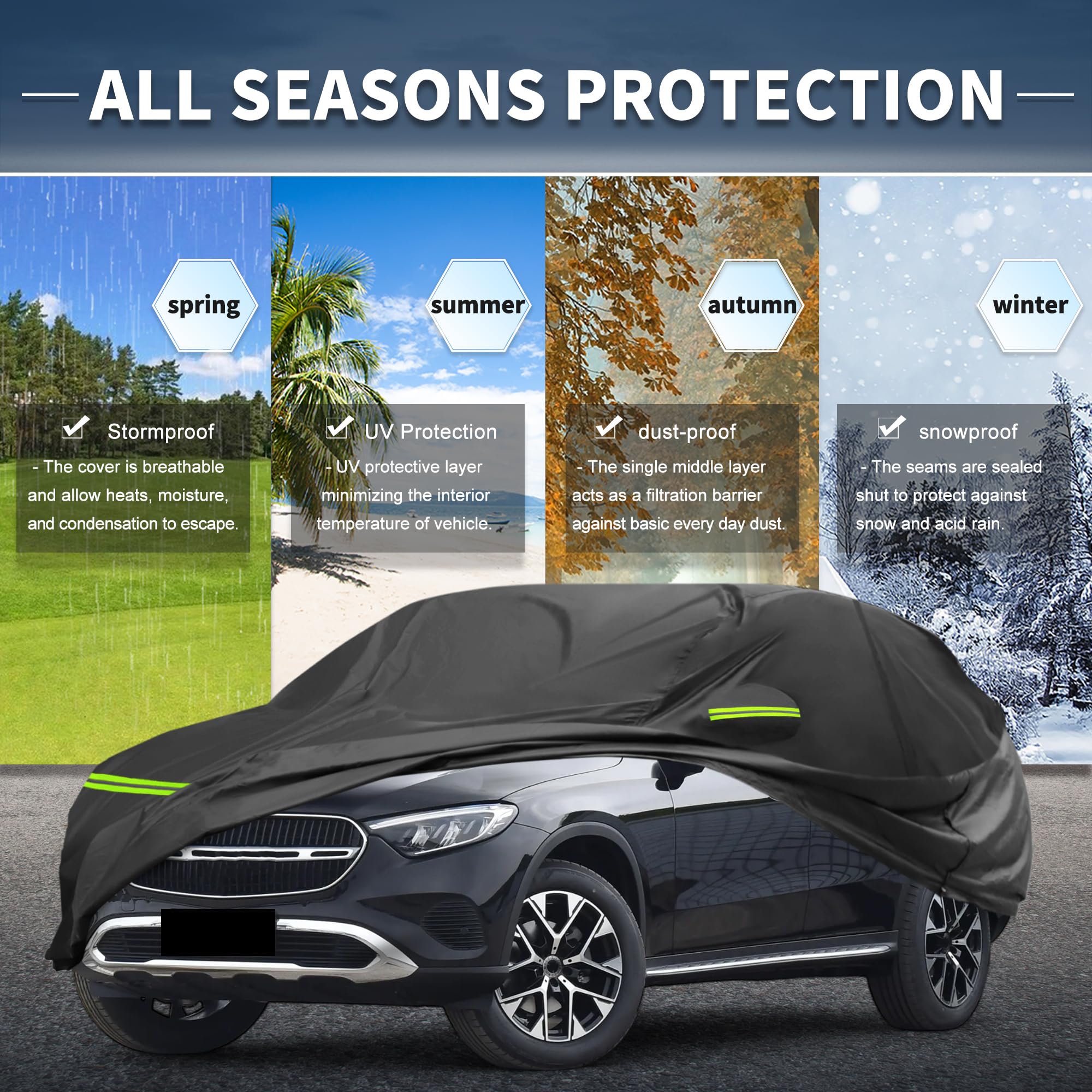 A ABSOPRO Autoabdeckung Für Mercedes-Benz GLC 15-23 1Pc | Schwarz, 210D-PU, Outdoor Vollabdeckung, Wasserdicht, Sonnen Und Regenschutz, Mit Fahrertür-Reißverschluss