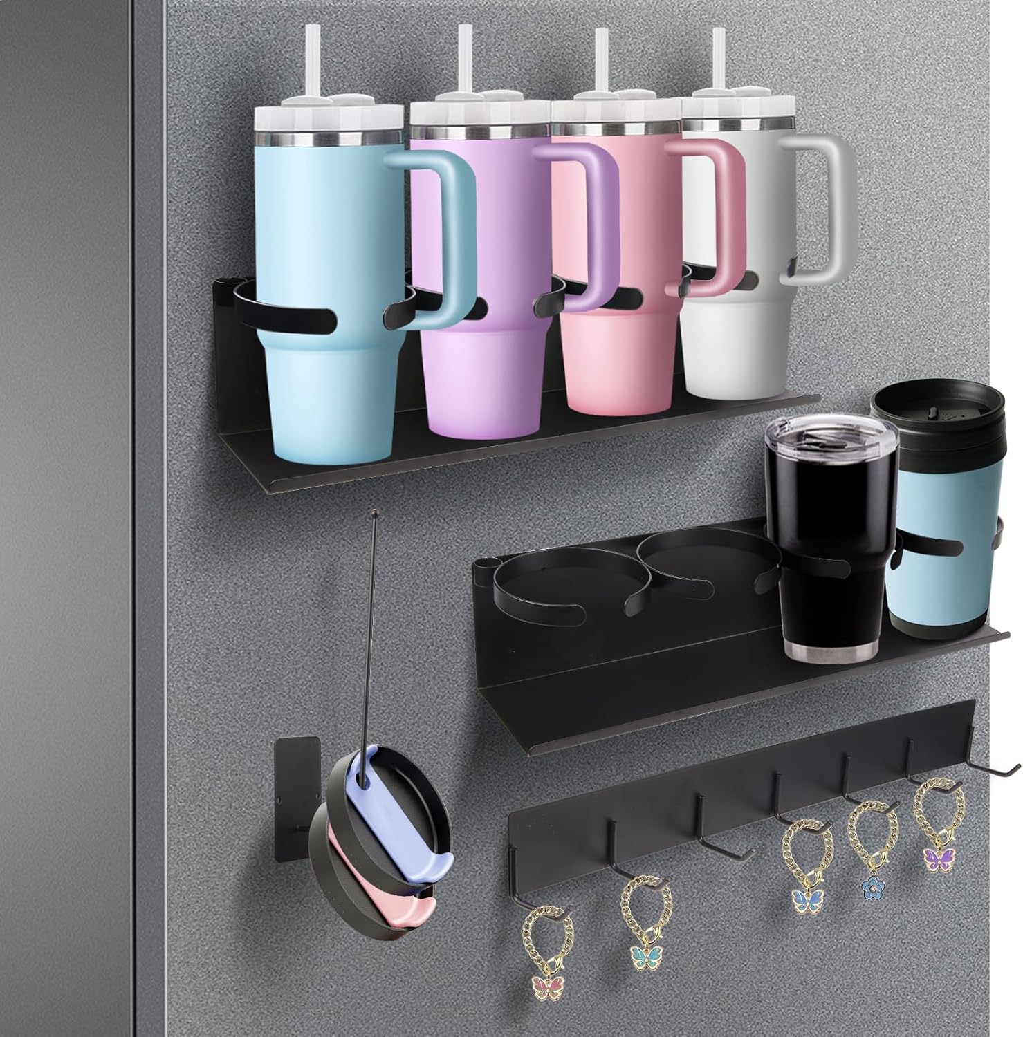 4 Pack Magnetic Cup Holder for Fridge, Magnetic Cup Holder for Stanley Cup 30/40 oz, Water Bottle Organizer Rack with Hooks for Stanley Accessories, Easy Installation