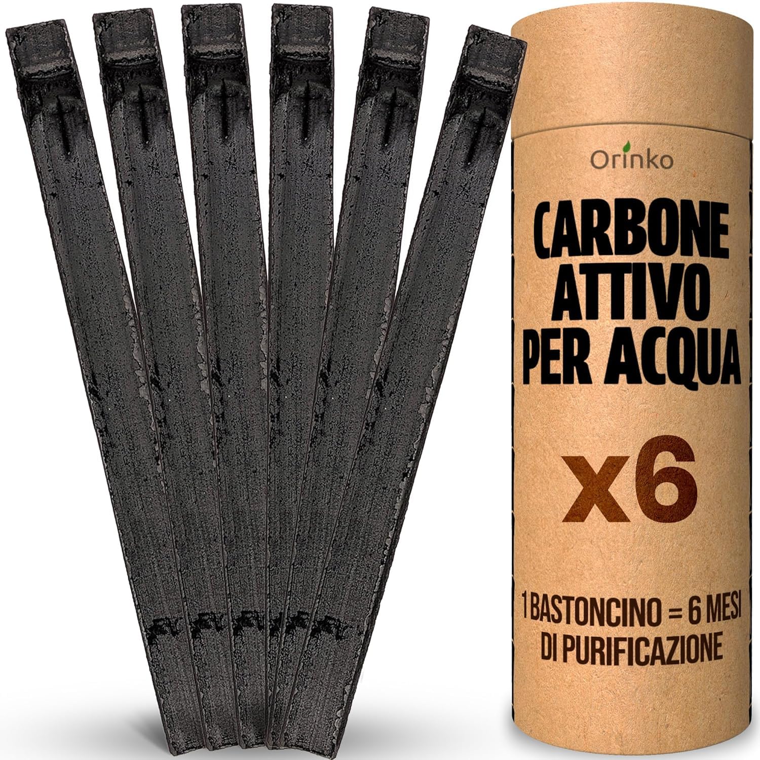 ORINKO® Carboni Attivi per Acqua in Carbone Takesumi x6 - Purificatore Naturale Ecologico in Bambù Binchotan - Bastoncino Riutilizzabile per Caraffa, Rubinetto, Acquario
