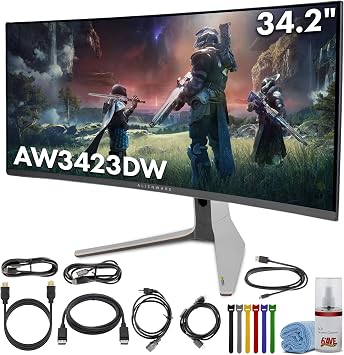 Alienware AW3423DW 34.2 Curved QD-OLED PC Gaming Monitor, 3440x1440 Ultrawide, 175Hz, 0.1ms, G-Sync Ultimate, HDR True Black 400, 99.3% DCI-P3, USB Hub, Lunar Light Bundle