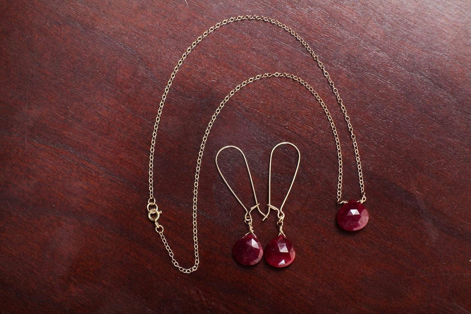 Ruby Necklace Set, Genuine Ruby Faceted 12mm Heart Briolette Teardrop Earrings and Necklace in 14K Gold Filled Cable Chain & Kidney Earwire