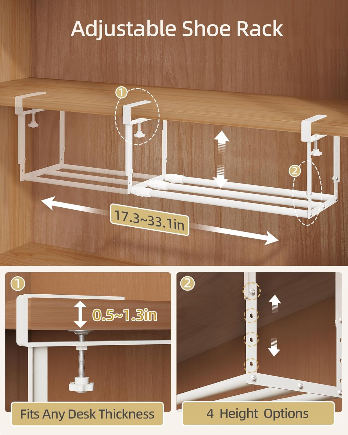 2 Pack Expandable Shoe Rack Organizer for Cabinet, Adjustable Hanging Under Shelf Storage, Sturdy Round Tube Design, Space Saving Shoe Shelf for Closet, Entryway, Laundry Room, White