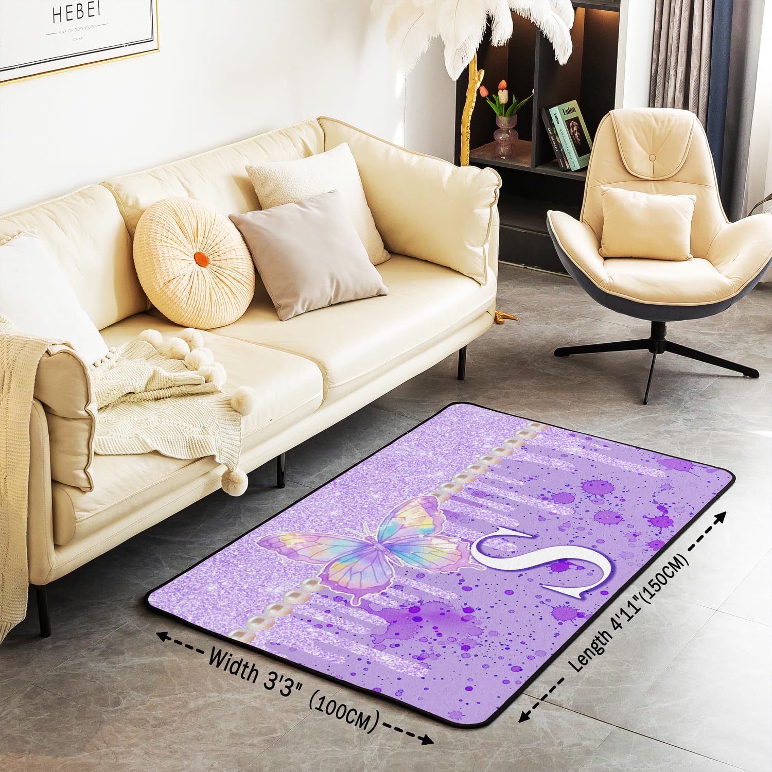 Alphabet Lettre S Tapis Exterieur Violet Papillon Tapis Salon 100x150cm pour Garçons Filles Glitter Imprimer Graffti Chambre Décor