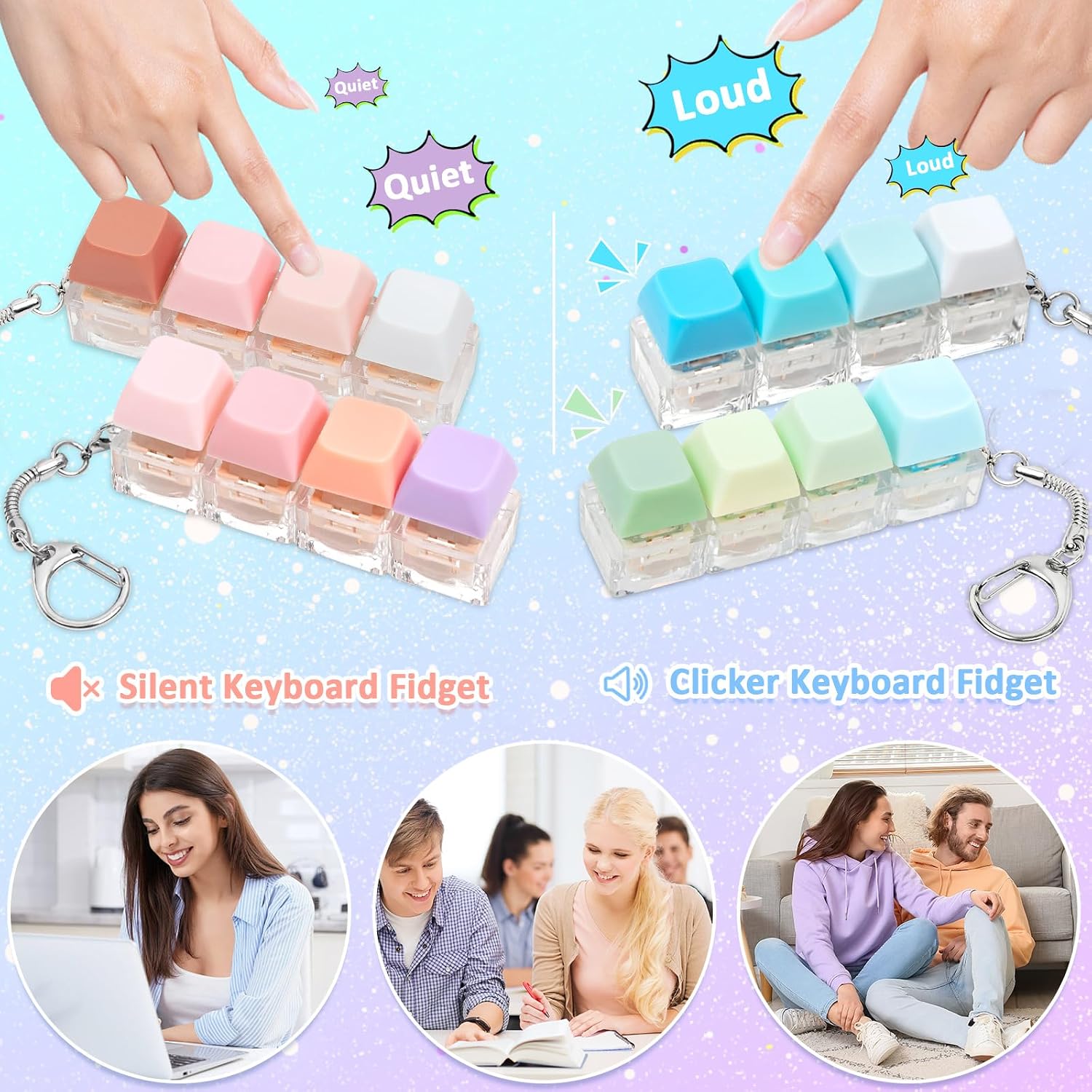 4PCS Keyboard Fidget Toy, Fidget Keyboard Silent Fidget Toys Clicker Fidget Keychain Fidgets for Adults Stress Relief Anxiety Sensory Fidget Toys Silent Loud Keyboard Fidget Clicker