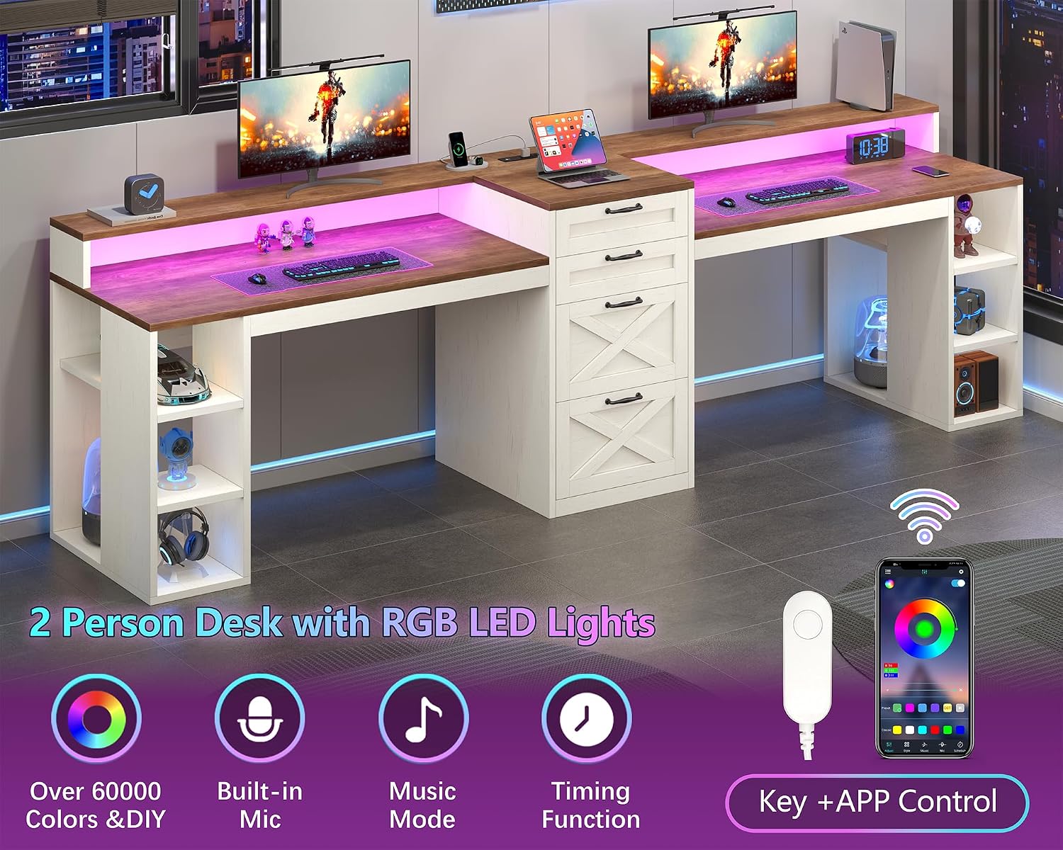 Image of the 2-person desk with RGB LED lights illuminated, showing a remote control and phone app interface for light control.