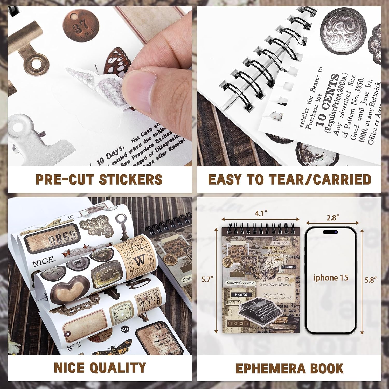 Pre-Cut Vintage Sticker for Journaling, 595PCS - 50 Sheets Washi Brown Scrapbooking Stickers, Ephemera for Junk Journal Supplies DIY Crafts Dark Academia Stickers for Adults