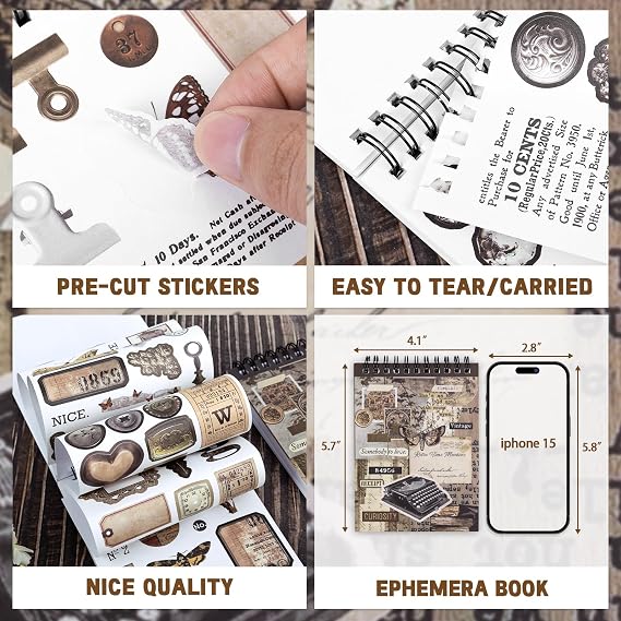 RISYPISY Vintage Scrapbooking Stickers, Washi Ephemera Journaling Supplies for Bujo Arts Dec Scrap Book Dark Academic Sticker Book for Adult