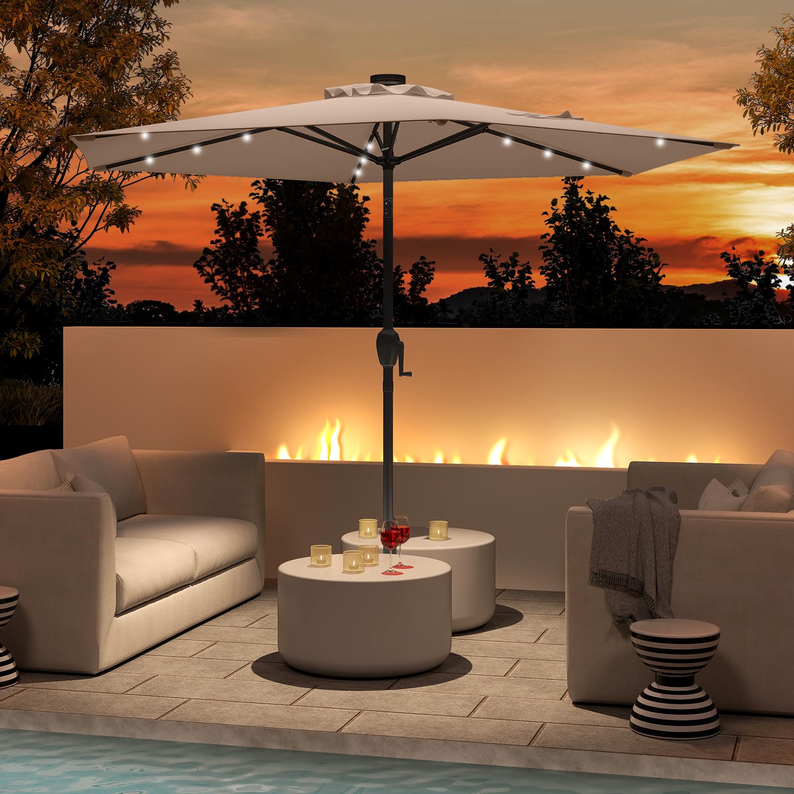 COSTWAY Ombrellone da Giardino 230 cm, Ombrello per Esterni con inclinazione Regolabile, 18 Luci LED, Manovella e Tettuccio Ventilato, Ombrello per Giardino, Cortile, Piscina (Marrone)