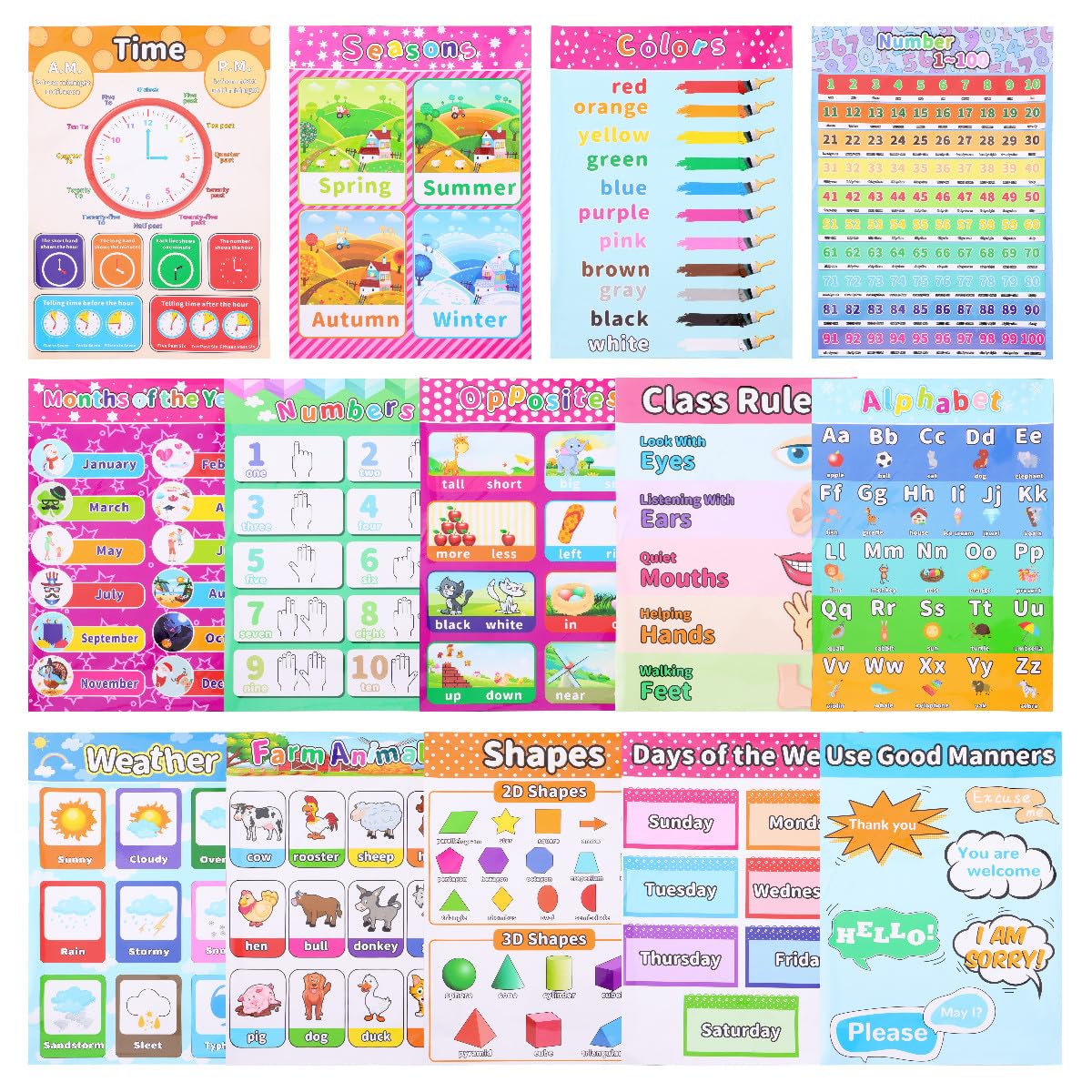 Uonlytech Carte Murale de L'éducation Préscolaire 14pcs en Papier Synthétique Auto-adhésive pour Chambre D'garçon et Filles Stimulant la Créativité et L'apprentissage Ludique