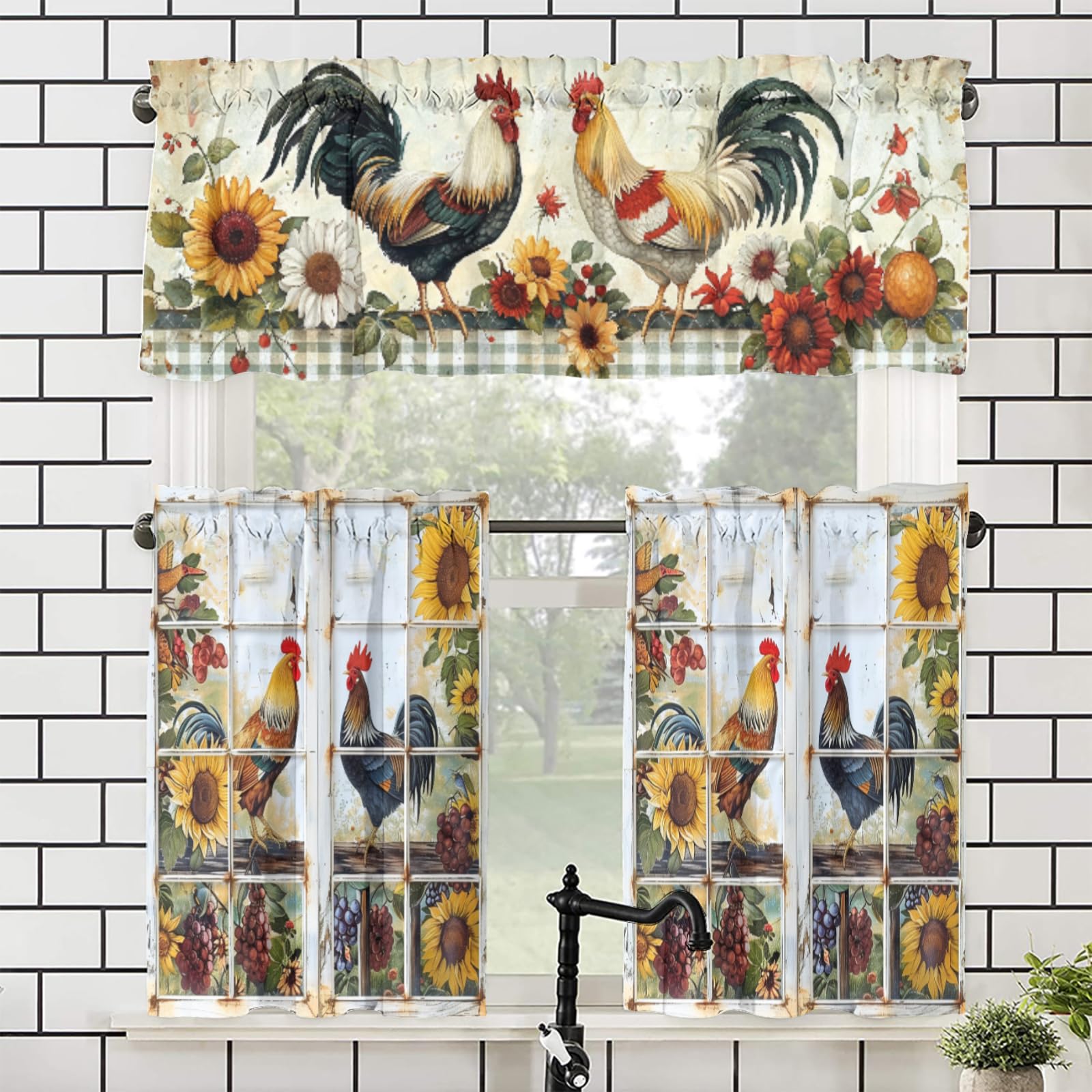 TEOTKOEXLA Rooster, Valance Curtains for Kitchen Dining Room Rustic Farm Sunflower Chicken Living Room Bedroom Rod Pocket Curtain Valance, 54x18inch