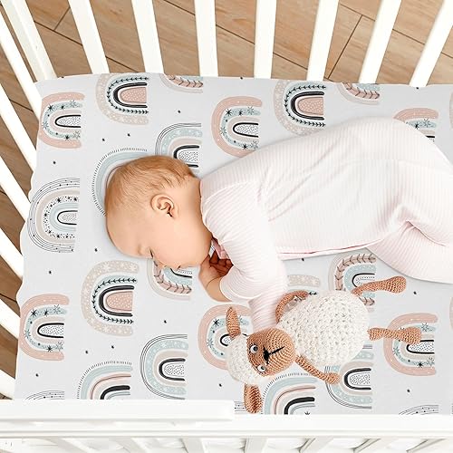 Miniatura 8 de Kigai Sábana bajera ajustable para cuna para niños y niñas, diseño bohemio, arco iris, suave, transpirable, unisex, para colchones estándar de cuna