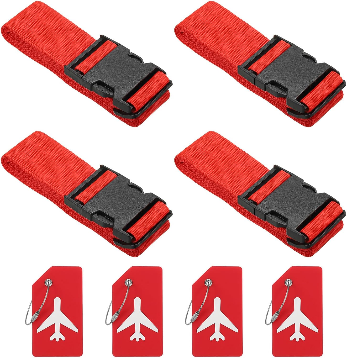 PATIKIL Luggage Strap with Luggage Tag and Loop 78"x2", 4 Set Adjustable Suitcase Belt for Travel Packing Bag Closure Identify, Red