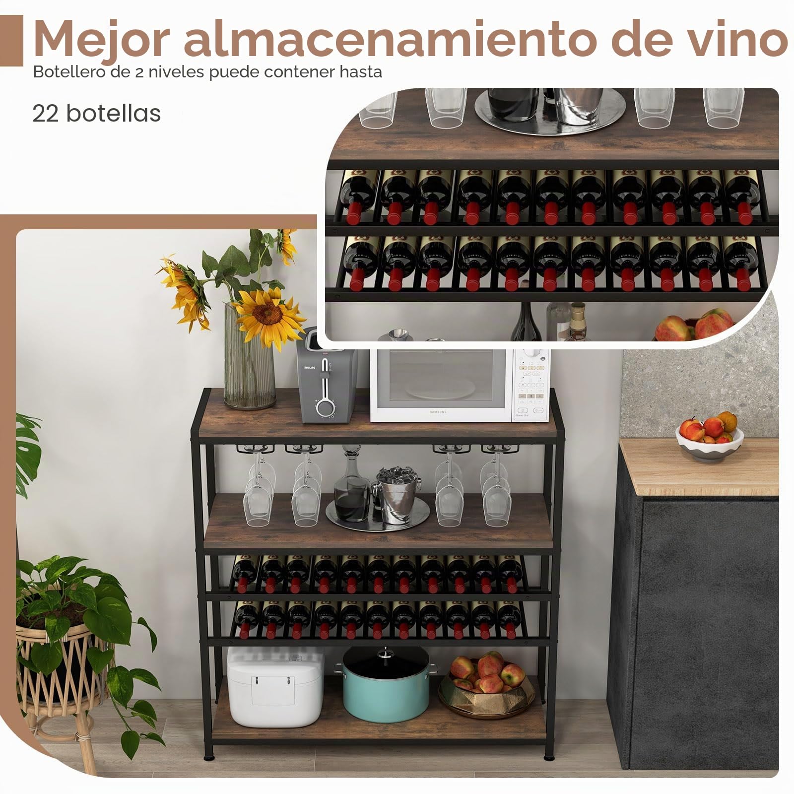 GIANTEX Mesa con Botellero de 5 Niveles, Mueble de Bar Independiente con 2 Botelleros & 4 Filas de Portavasos, Mueble de Vino de Suelo para Cocina, Comedor, Marrón
