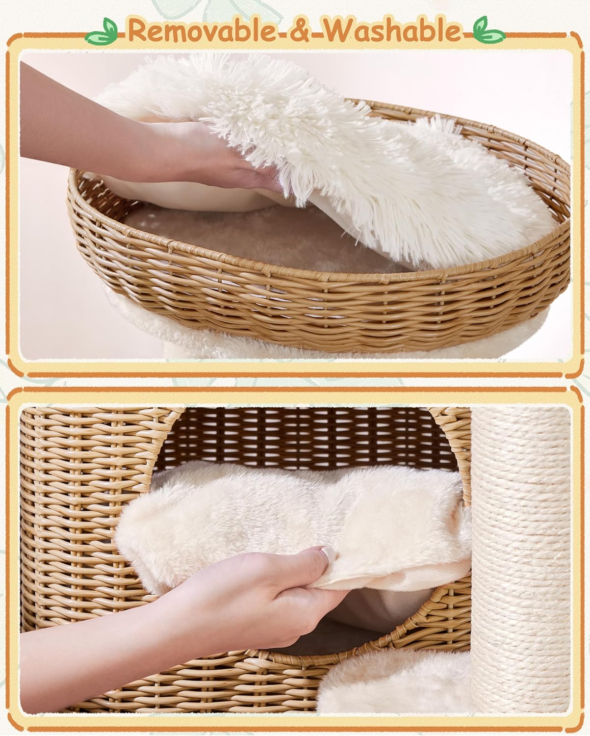 Yaheetech 36in PE Rattan Cat Tree with Big Perch, Breathable Woven Condo, Extra Long Sisal Scratching Post, Washable Cushion, Natural Cooling Design for Indoor Large Kittens, Beige