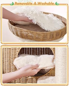 Yaheetech 36in PE Rattan Cat Tree with Big Perch, Breathable Woven Condo, Extra Long Sisal Scratching Post, Washable Cushion, Natural Cooling Design for Indoor Large Kittens, Beige