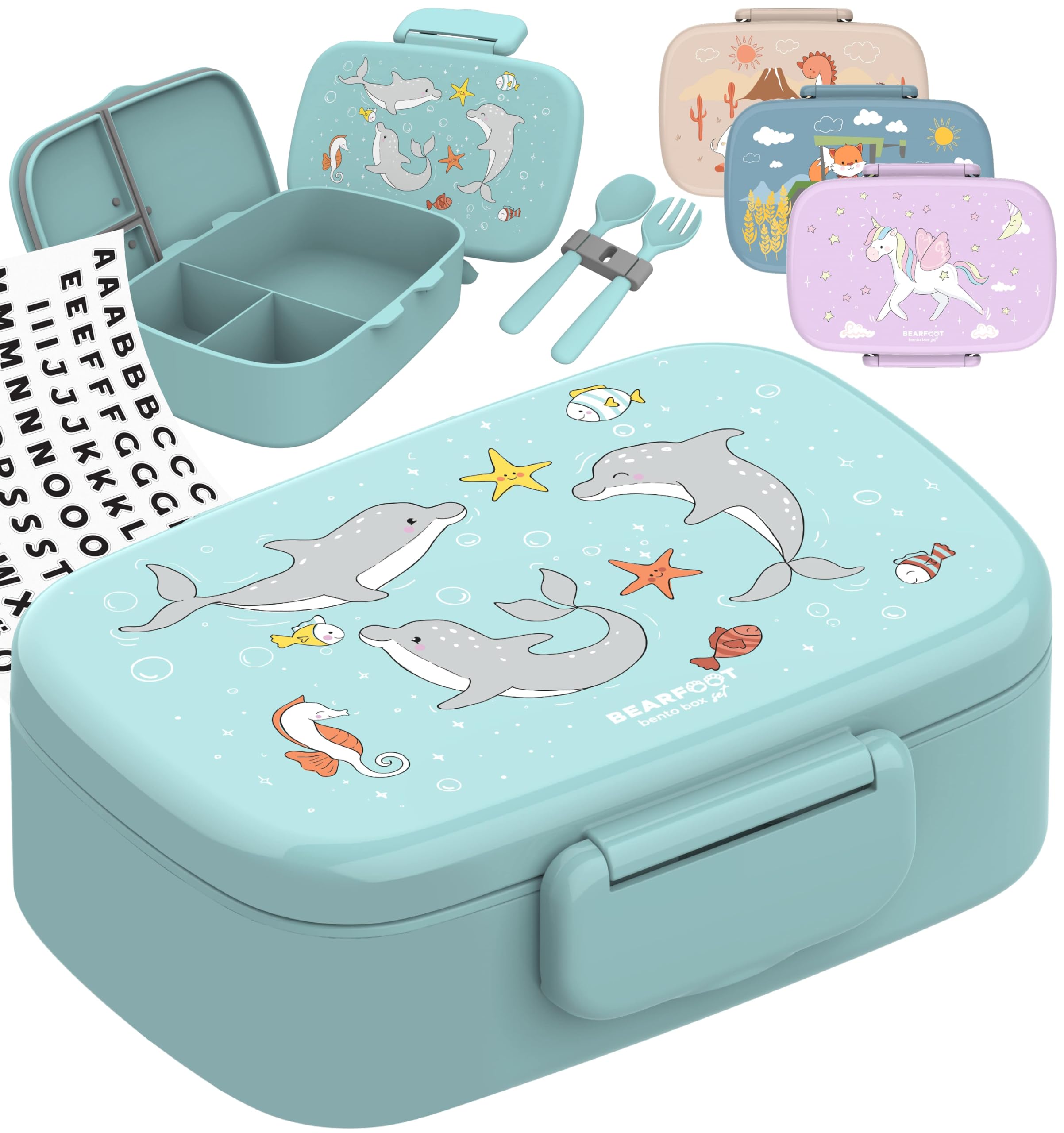BEARFOOT Brotdose Kinder mit Fächern, BPA frei, Lunchbox, Bento box, Brotbox, Brotdose Mädchen & Jungen, Snackbox, 100% auslaufsicher, Vesperbox für Kindergarten, Schule (Delfine)