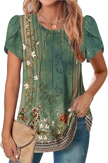 Womens Tops Petal Short Sleeve Summer Casual Dressy Shirts Floral Solid Blouse Pleated Tunics S-XXL