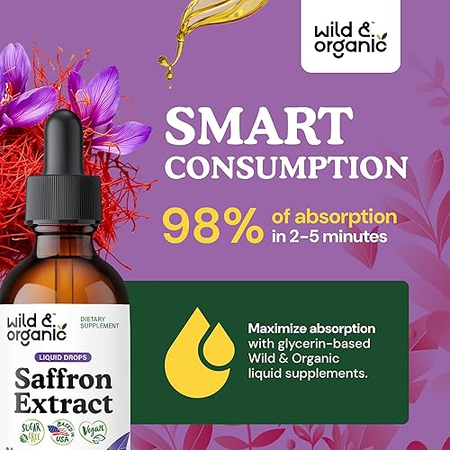 Vista 4 de Wild & Organic Saffron Drops - 88.5 mg Saffron Supplement for Mood, Brain, Vision Support - Crocus Sativus Liquid Extract - Vegan, Sugar &