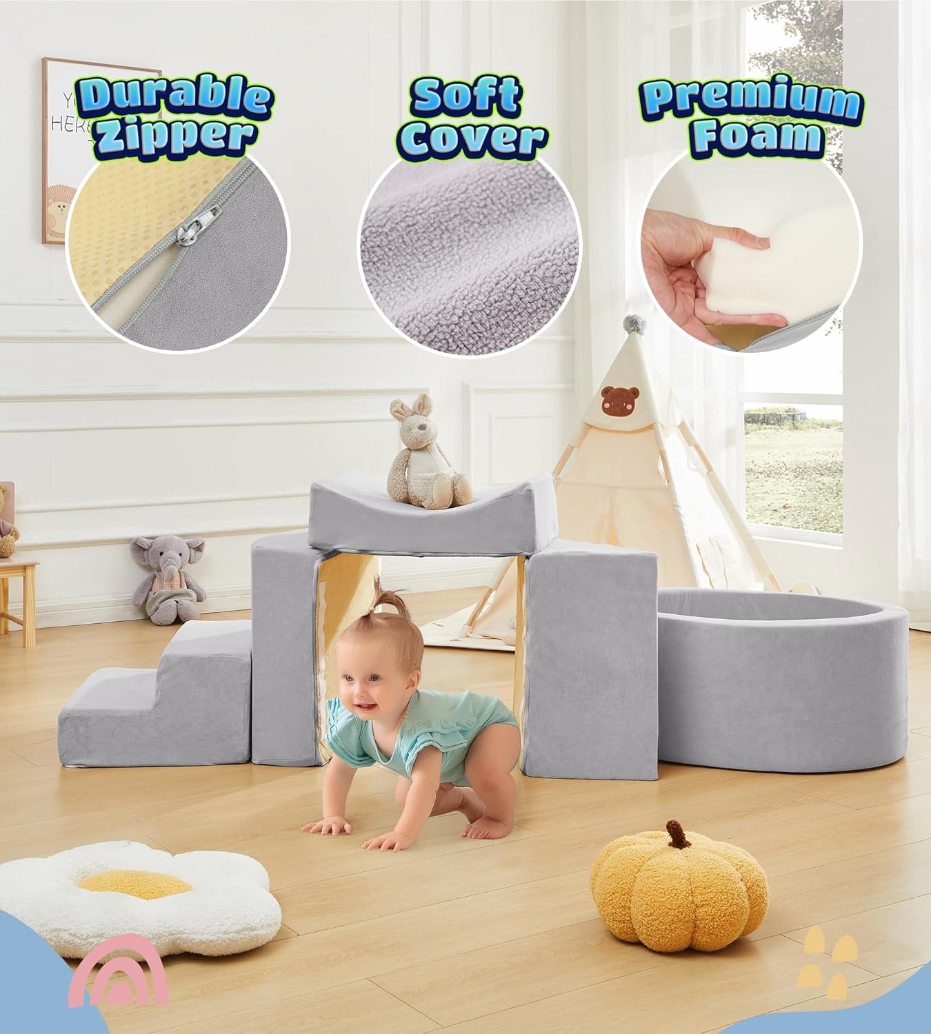 Foam Climbing Blocks with Ball Pit Designed for Toddlers Aged 1-3 -Great for Indoor Crawling, Inside Foam Playground Set for Little Ones to Active Playing -(Balls NOT Included) Grey