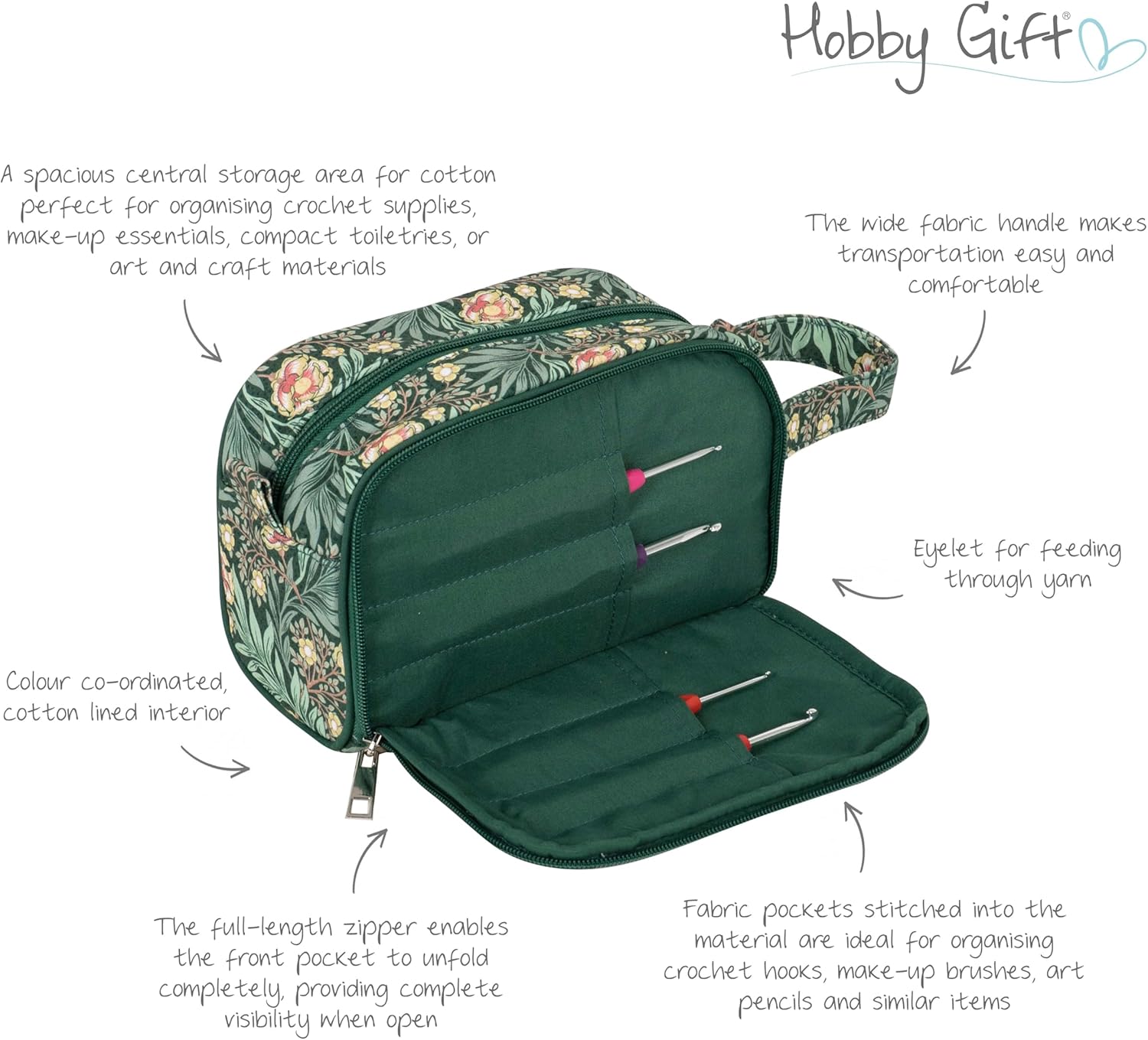 Hobby Gift Crochet Bag Zippered Storage Case with Thread Eyelet Carry Handle for Crochet Hooks Yarn and Craft Accessories