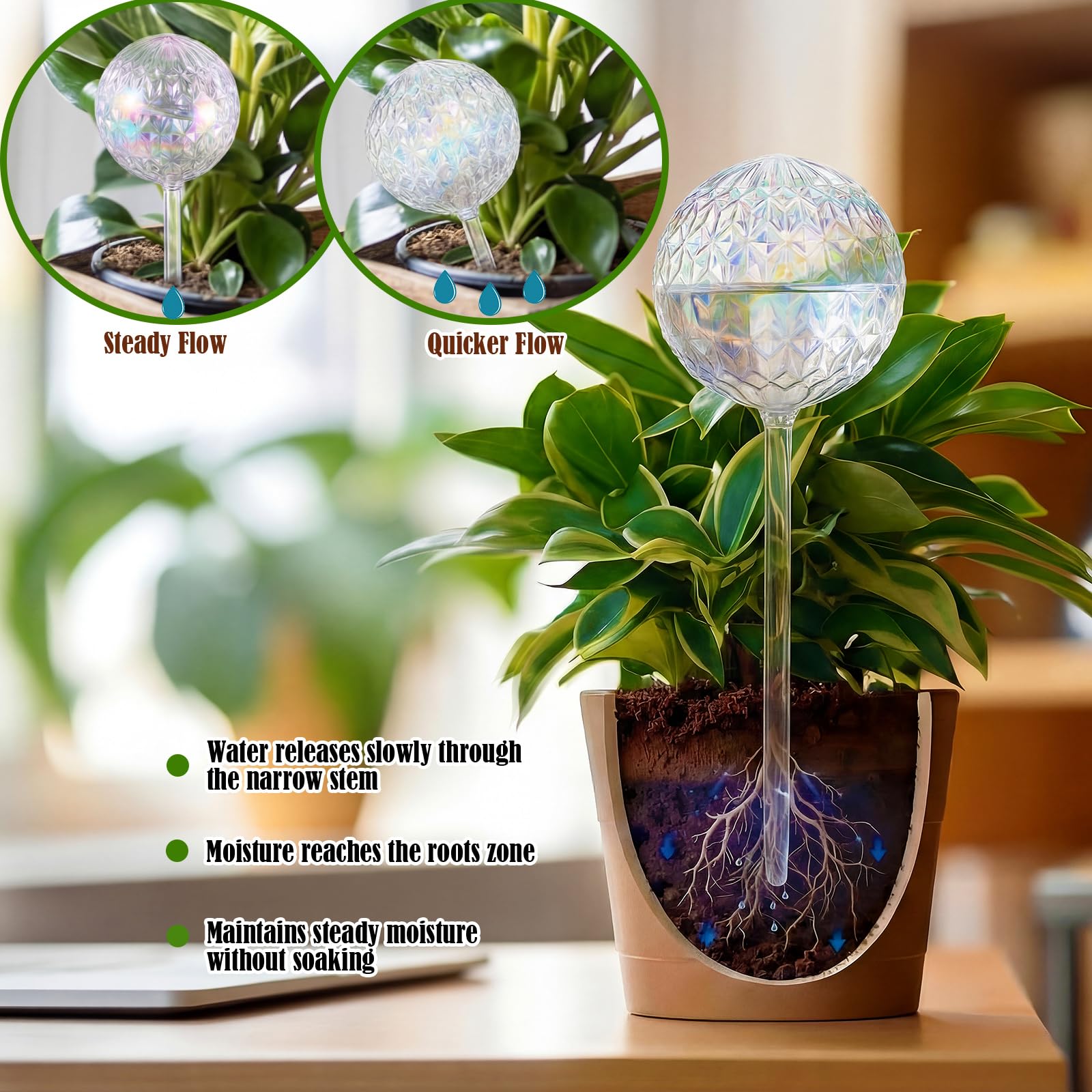 Thenshop Lot de 6 globes d'arrosage de plantes de 481,9 g - 2 semaines - Grand dispositif d'arrosage automatique - Ampoules en verre irisé avec accessoires complets - Irrigation goutte à goutte