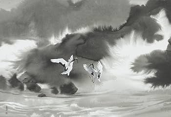 【 絵馬師・東仁雲 】　絹本墨絵　連馬　戦前作品 1.【動物篇】（馬1）「黒馬白馬」Water-and-ink painting