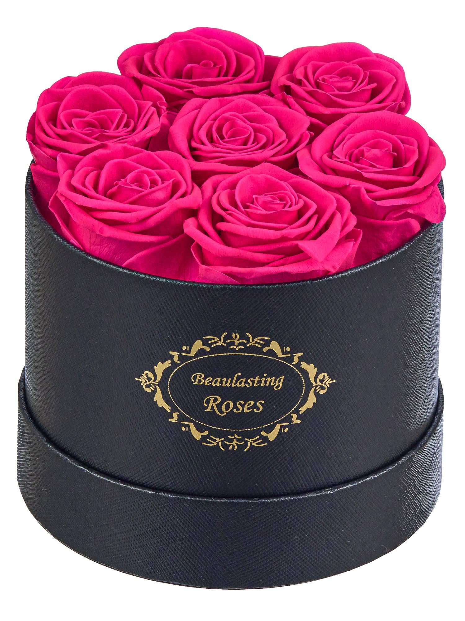 Beaulasting Long Lasting Preserved Roses in a Box Last a Year Forever Flowers for Her Mom Wife Anniversary Birthday (Round Black Box, Hot Pink)