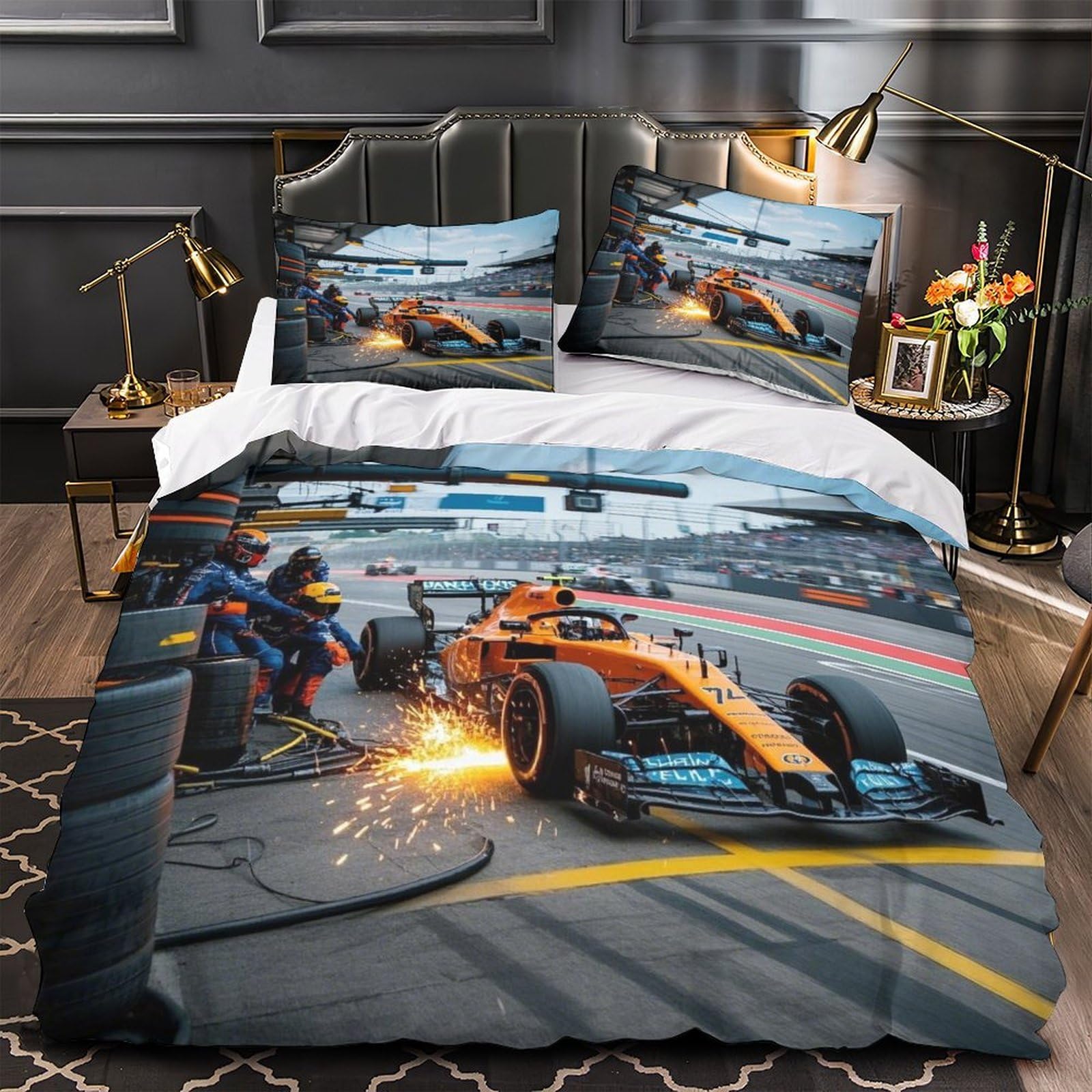DAFUfbw Formulaa Racing Luxe Quilt Cover Set Hidden Zipper Duvet Cover Set with Pillowcases Pit Stop Bedding Set Soft Microfiber Comforter Cover Double（200x200cm）