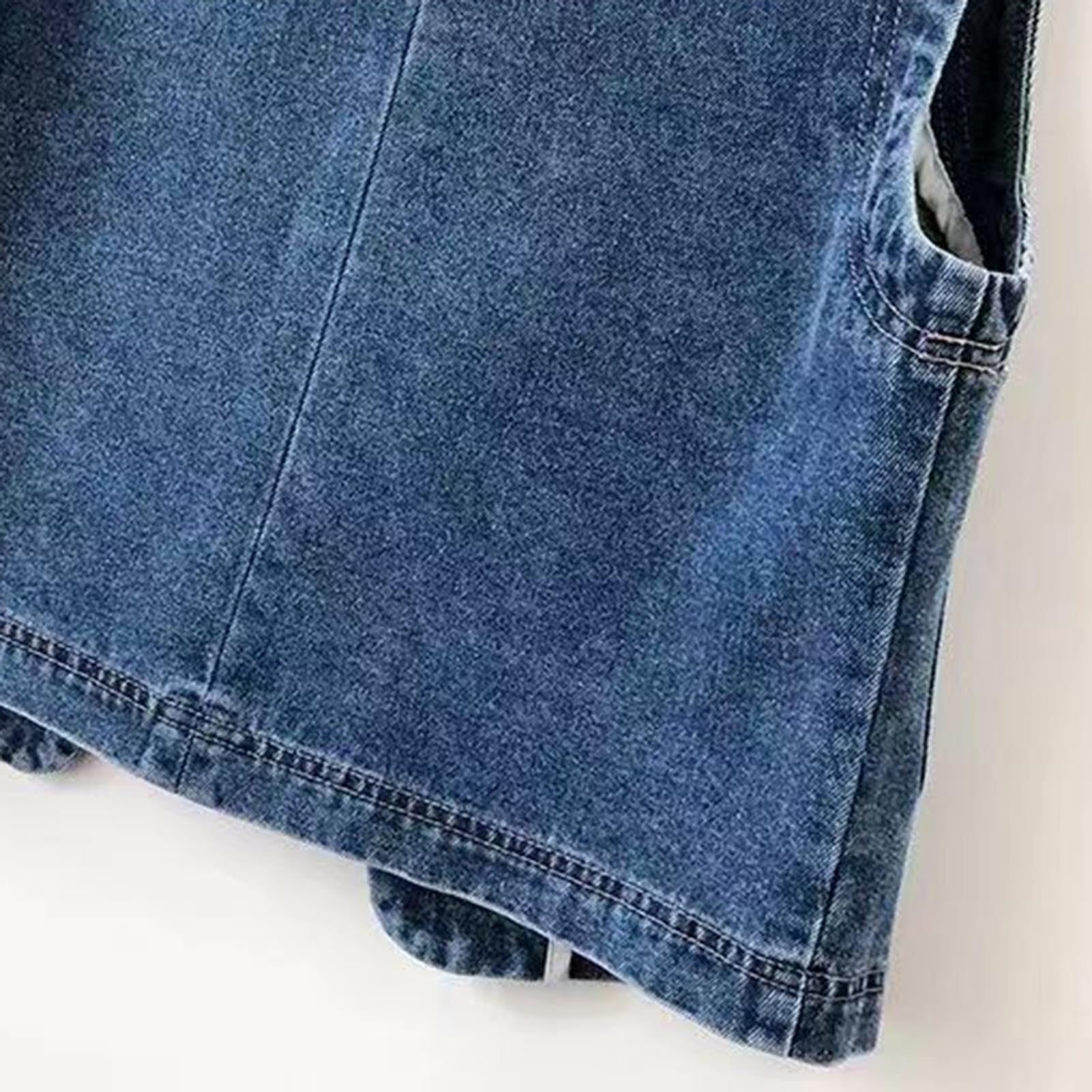Generisch Gilet en jean pour femme - Sans manches - Grandes tailles - Gilet d'été court - Gilet de motard avec col en V - Gilet de moto avec poches - Gilet de travail vintage - Veste en jean ample