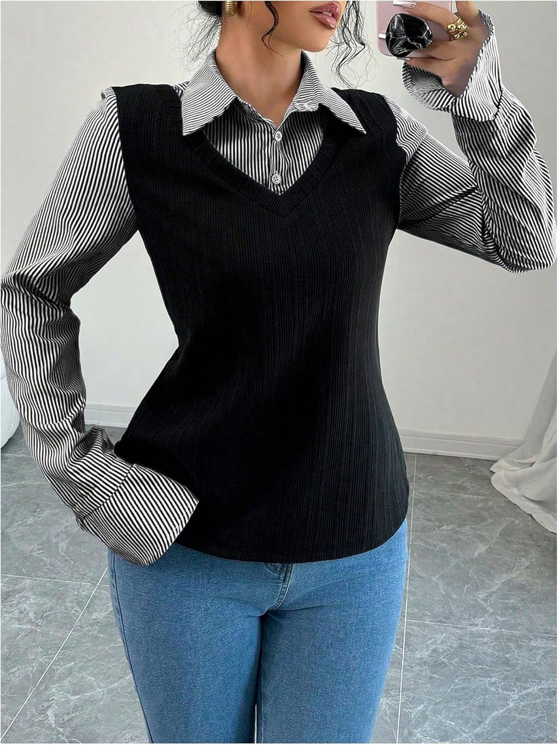 MakeMeChic Women's Striped Bell Sleeve Blouse Collared 2 in 1 Business Dressy Shirt Tops - Image 5
