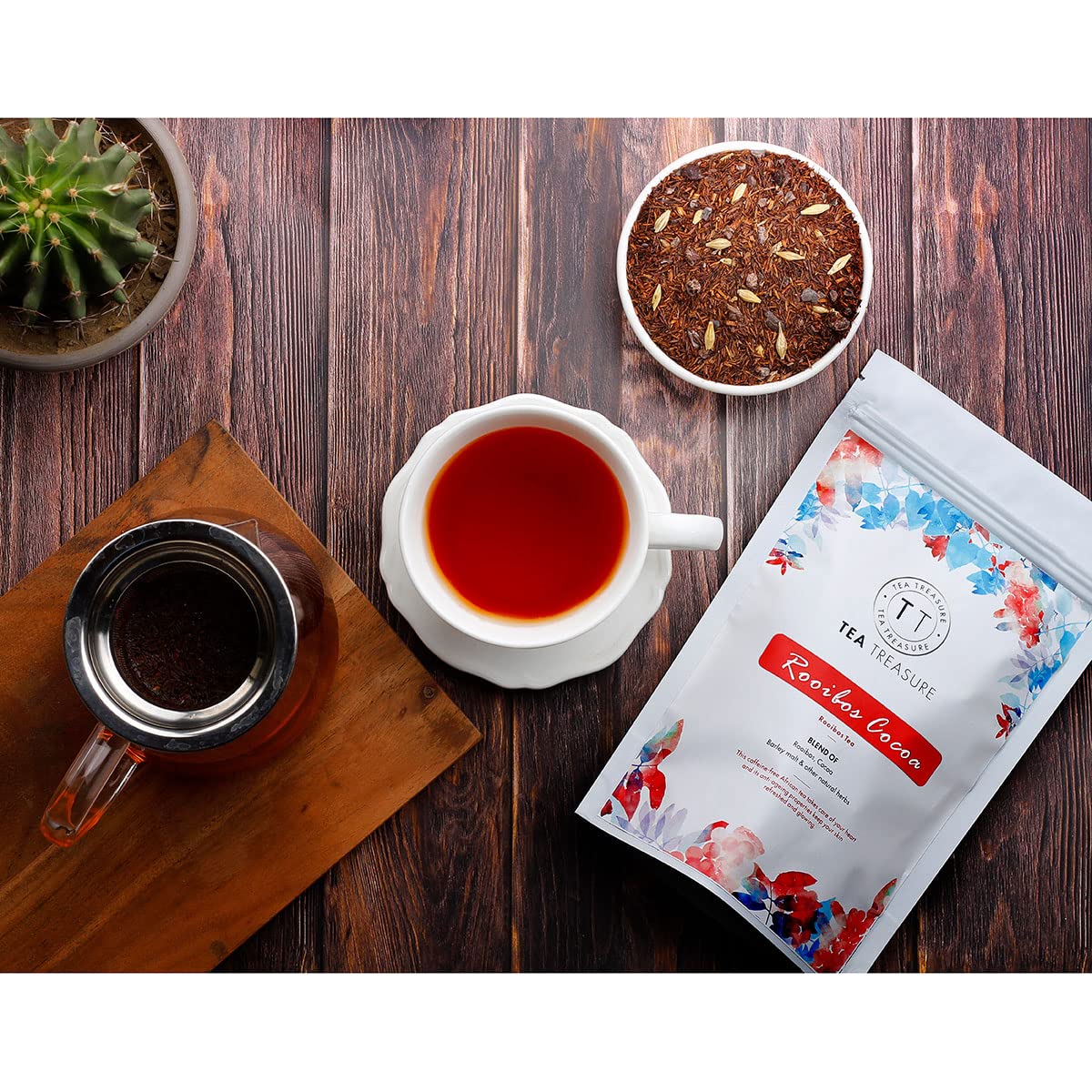 Tea Treasure Rooibos Cocoa Red Tea 100gm | Caffeine-Free Herbal Tea | Rich in Antioxidants | Improves Digestion | Aids Sleep | Skin Glow Support | Cocoa & Barley Malt Blend 4