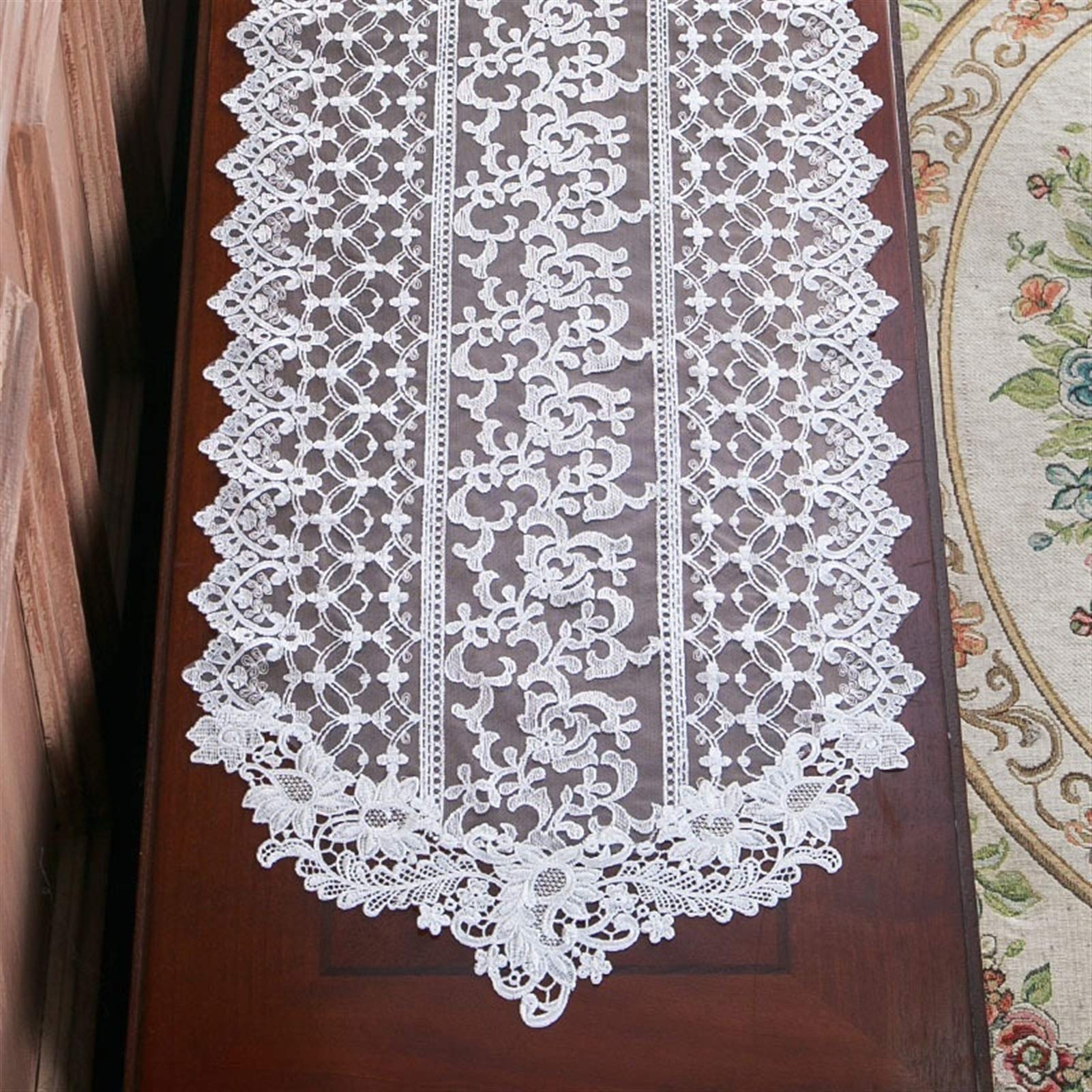 Runner da tavola in pizzo, Runner da tavolo in pizzo bianco con piccolo fiore ricamato sposa | 40*250CM