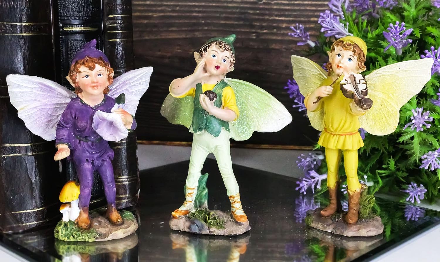 Ebros Gift Set of 3 Colorful Enchanted Fairy Garden Boy Fairies in Morning Violin Serenade Figurines 4" High Miniature Collection Do It Yourself Ideas for Your Home Collectible Pixies Fantasy Decor