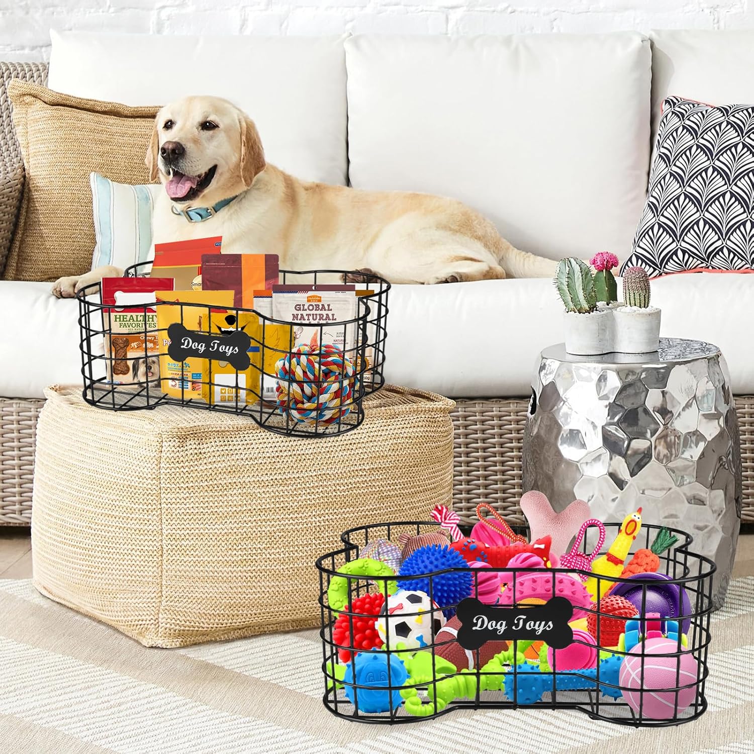 2pack Metal Dog Toy Basket,Dog Bone Shaped Basket,Iron Wire Toy Bin,Puppy Stuff Organizer,Sturdy Pet Storage for Harness,Leash,Blanket,Snacks,Accessories-Black-Large+Medium