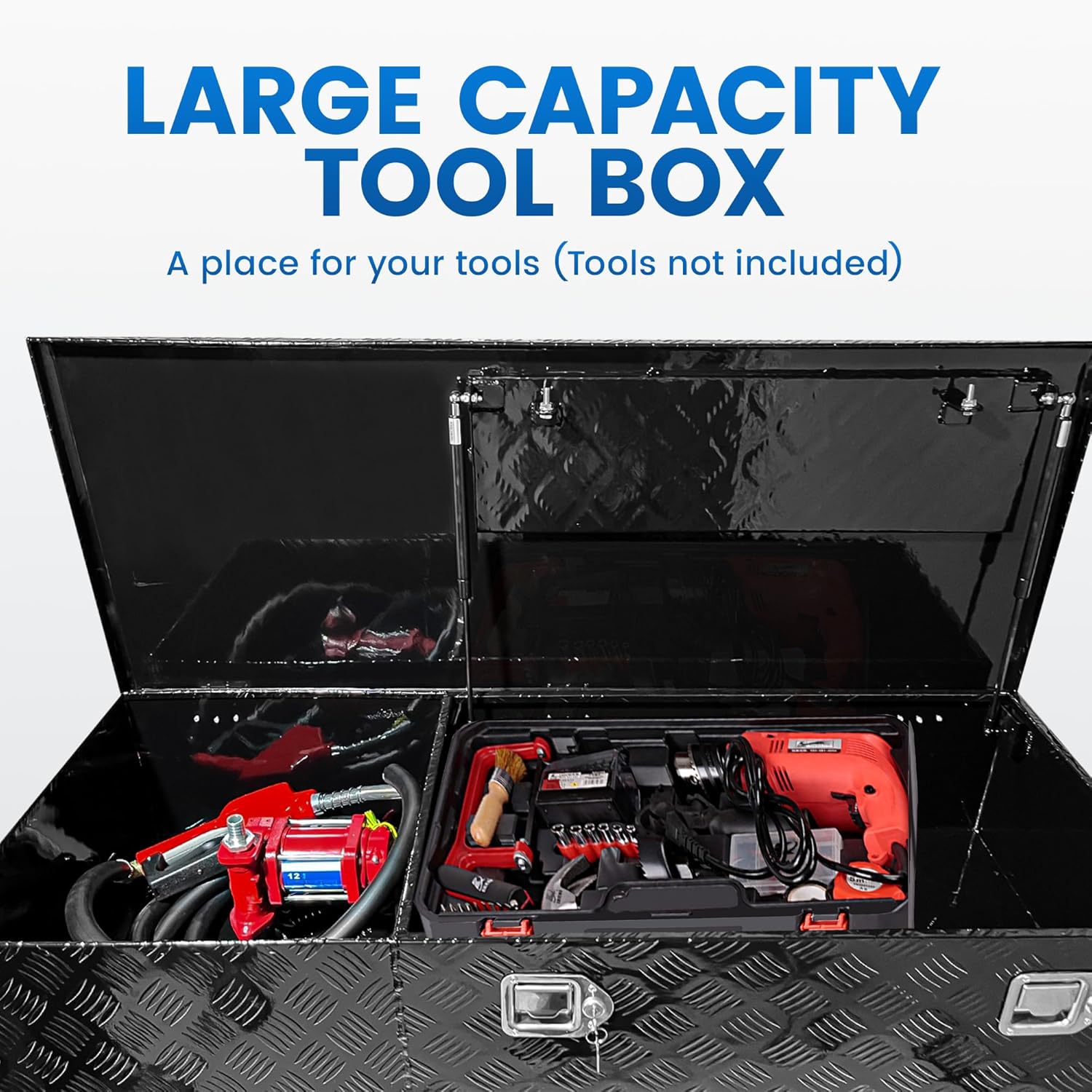51 Gallon Aluminum Fuel Transfer Tank Toolbox Combo with 12 GPM 12V DC Pump, Truck Bed Gas Tank for Gasoline Diesel Kerosene, 13Ft Hose, Auto Nozzle, Black