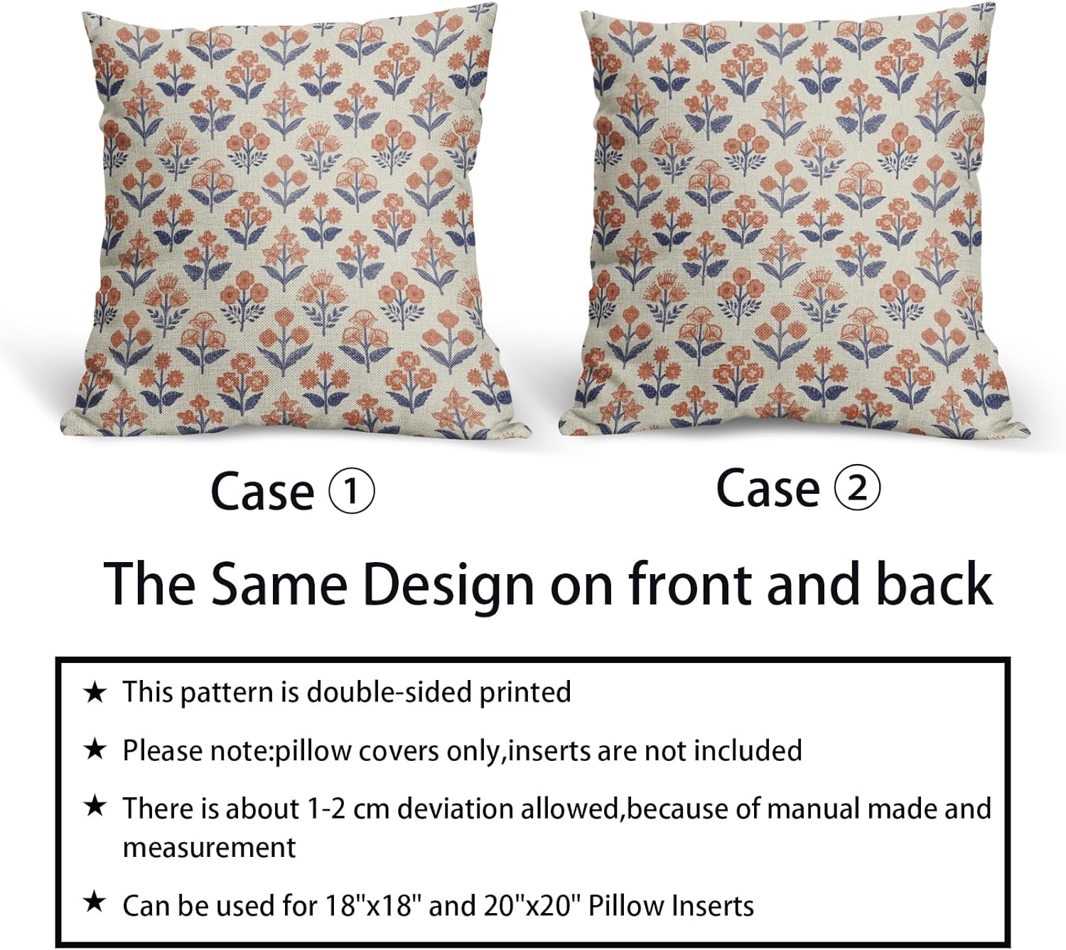 Navy Blue Orange Floral Block Print Pillow Covers 18x18 Inch Set of 2, Fall Vintage Flower Pattern Decorative Throw Pillowcases Outdoor Farmhouse Cushion Covers Seasonal Rustic Sofa Couch Bed Decor - Image 6