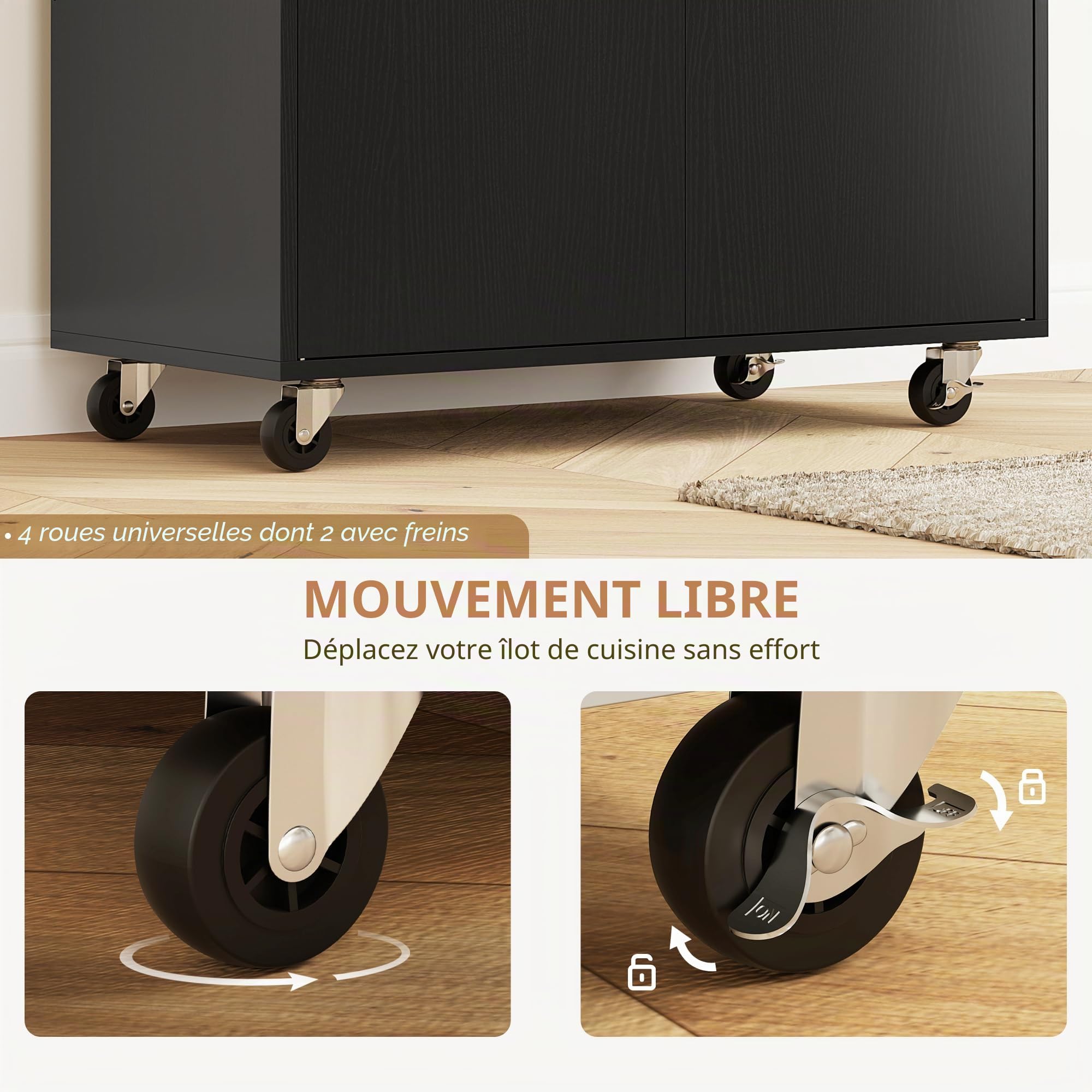 HOMCOM Îlot de cuisine avec aile rabattable, meuble d'appoint sur roulettes, 2 portes, tiroir, porte-serviettes et étagère ajustable, 106 x 42 x 87 cm, noir et chêne