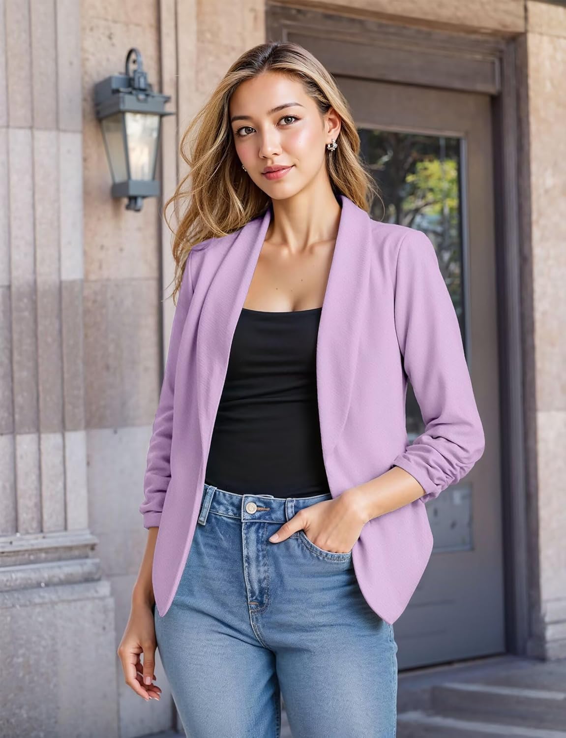 Hybrid & Company Lightweight Open Front Cardigan Classic Ruched Sleeve Work Office Blazer Suit Jackets - Image 6