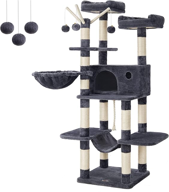 FEANDREA Cat Tree, Large Cat Tower, 64.6 Inches Cat Activity Center | Cat Condo, Smoky Gray UPCT087G01