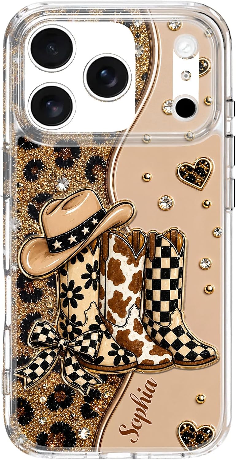 Personalized Clear Phone Case for Women, Leopard Cheetah Print Western Cowgirl Boots Design, Custom Name Case, Cute Accessories Gift Idea for Birthday Chritsmas