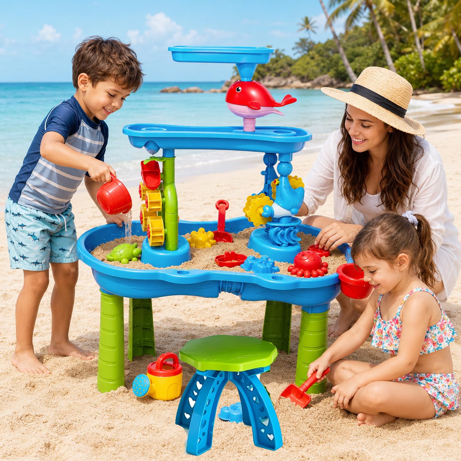 VeftBltrem Water Table for Kids, 3-Tier Sand and Water Table, Water Play Table with Chair, Rain Showers Splash Pond Sensory Activity Playset, for Boys Girls Ages 3-12 for Backyard Beach Grass