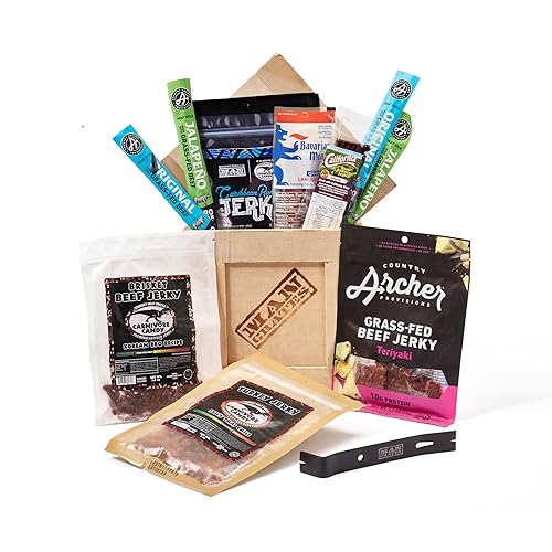 Vista 16 de Man Crates, Caja de carnes exóticas – Incluye 8 sabores de carne seca raros como venado, cocodrilo, alce – Se envía en una caja de madera sellada