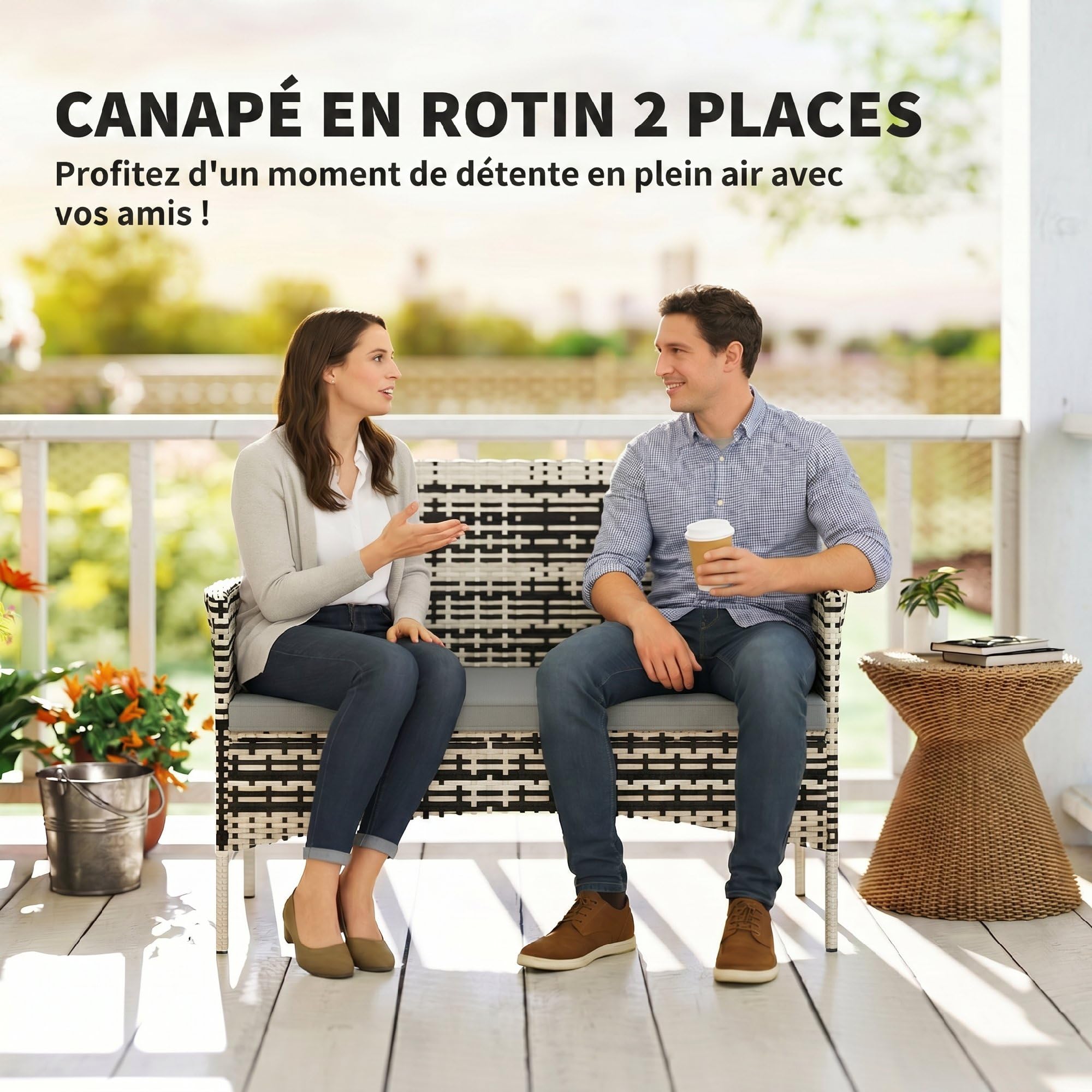 Outsunny Canapé de Jardin 2 Places en résine tressée avec Coussins, canapé d'extérieur avec accoudoirs, Cadre en Acier pour Balcon, Porche, Jardin, Gris Clair