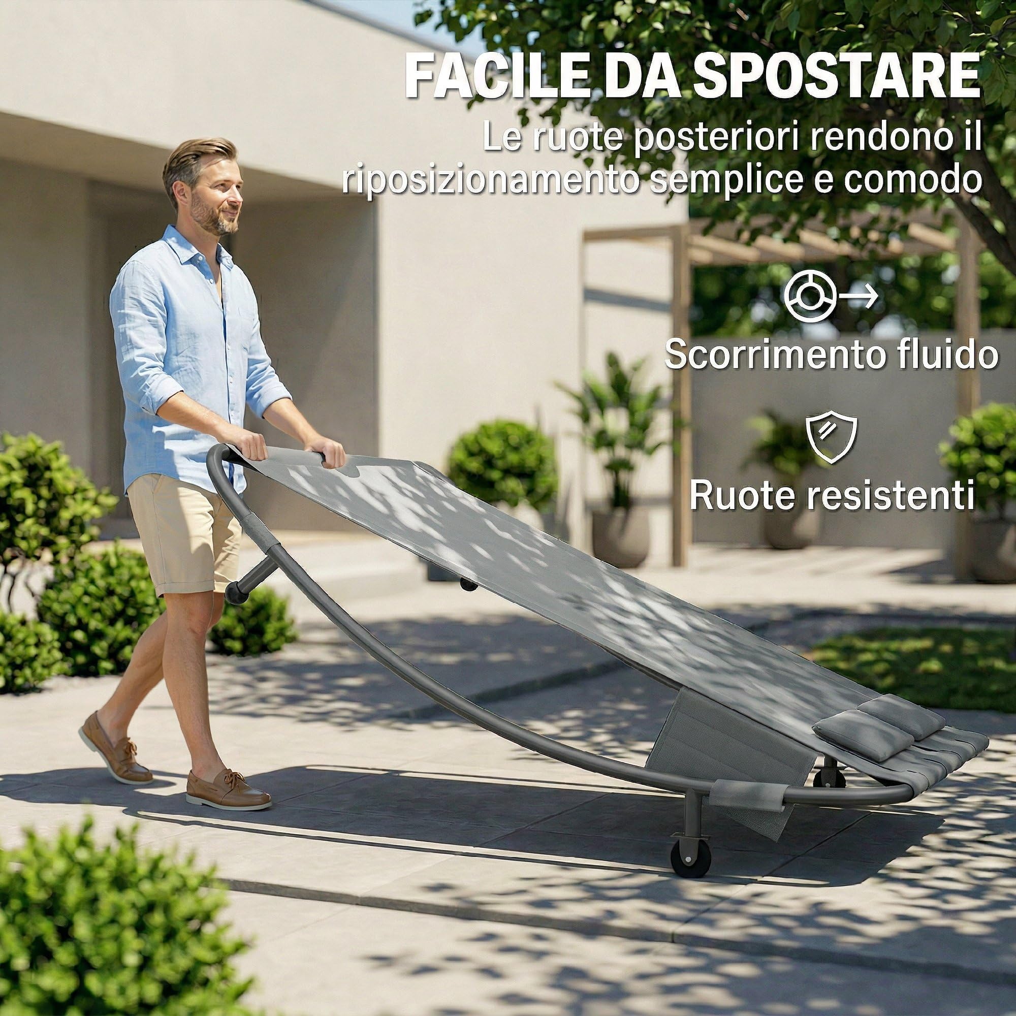 Outsunny Tumbona doble de jardín con techo extraíble, tumbona de jardín de 2 plazas de textil con ruedas, 2 cojines, bolsillos, estructura de acero, para terraza y piscina, máx. 240 kg, gris