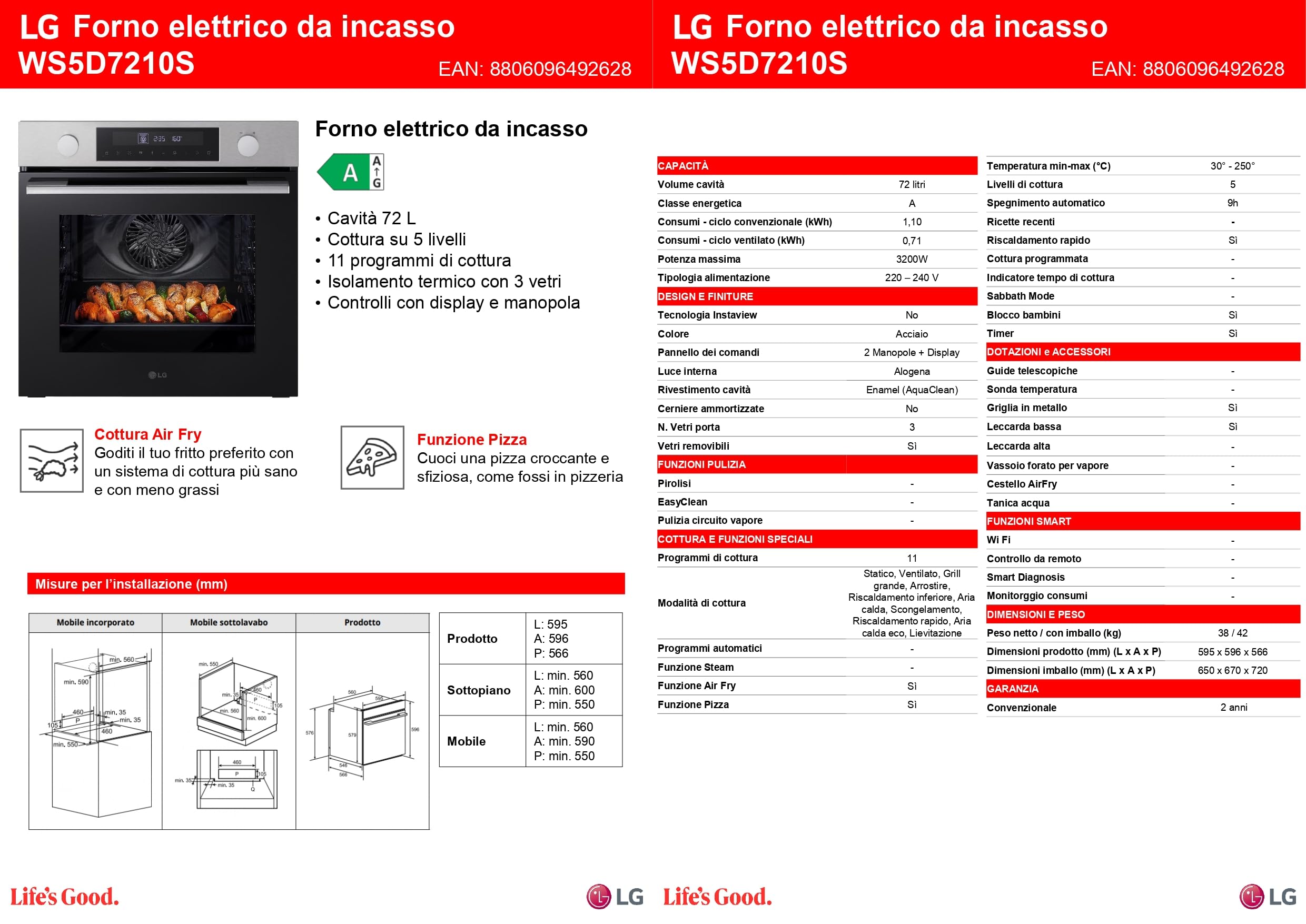 LG WS5D7210S Forno da Incasso Classe A, 72L, 11 Programmi di Cottura, Modalità Friggitrice ad Aria, Grill, Lievitazione, Pizza, Temperatura Massima 250°C, Potenza 3200 W, Wi-Fi