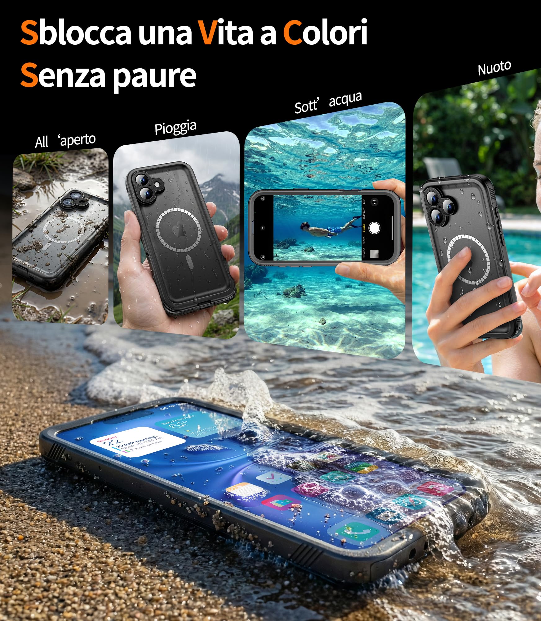 Cozycase Cover TOP 360 Antiurto IP68 Impermeabile Per iPhone 13 | Magnetica Per Magsafe, Rugged Militare, Subacquea Waterproof Case Anti Urto Resistente Antipolvere, Custodia Integrale. Nero