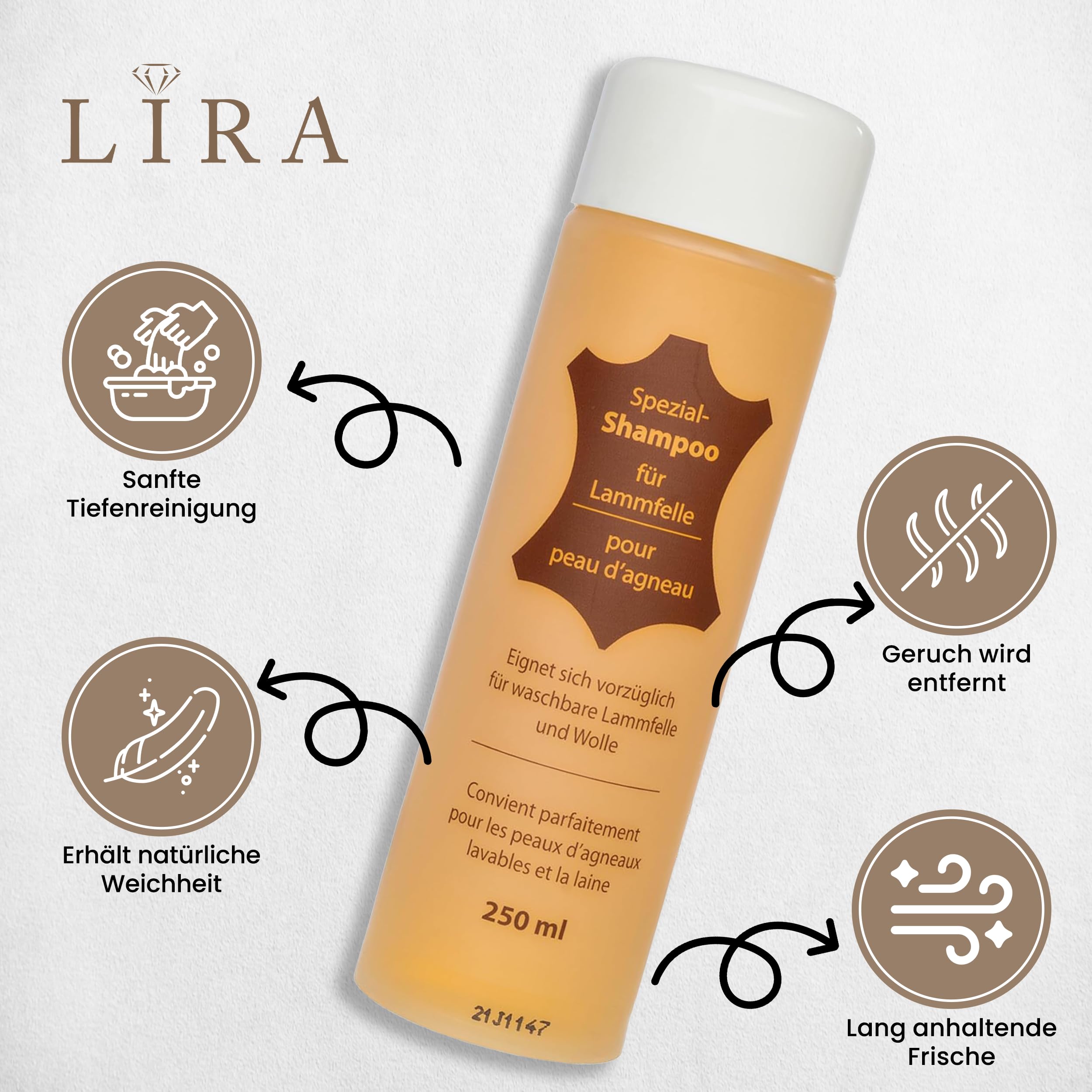 Lammfellwaschmittel | Bio-Wollwaschmittel mit Lanolin für Wolle & Lammfell | 250 ml Fellschampoo für sanfte Reinigung, Geruchsneutralisierung und Anti-Filz-Schutz | Ideal für Pelzaccessoires